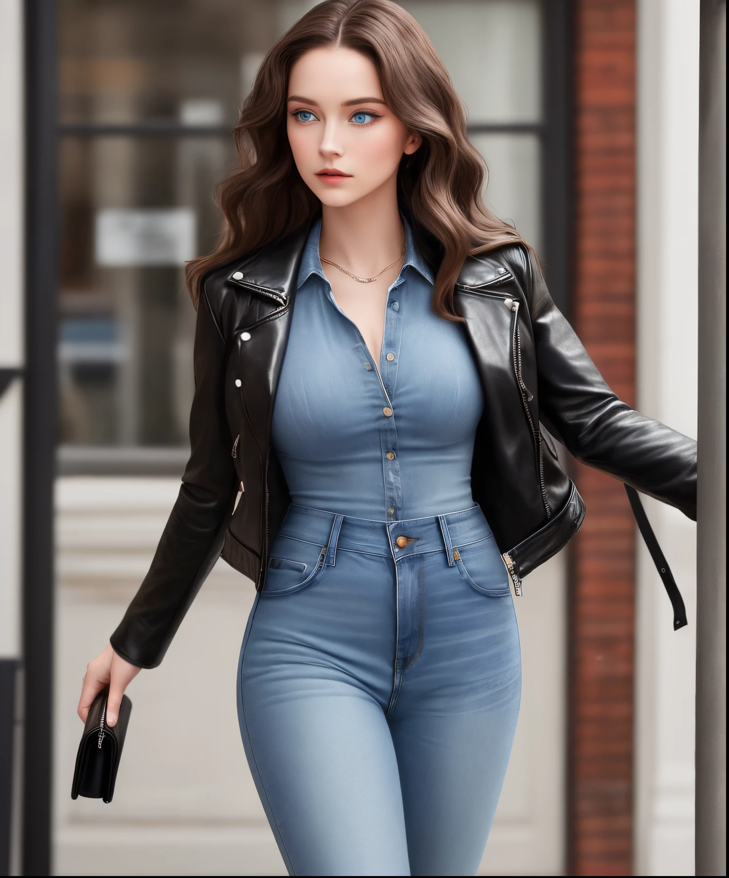 She often wears her hair in loose waves, and her blue eyes are a prominent feature. She exudes an air of quiet strength and intelligence could depict Schuyler in a graceful pose, with her blue eyes captivating attention. Her style might include elegant yet understated clothing, perhaps a fashionable dress or a leather jacket paired with jeans.