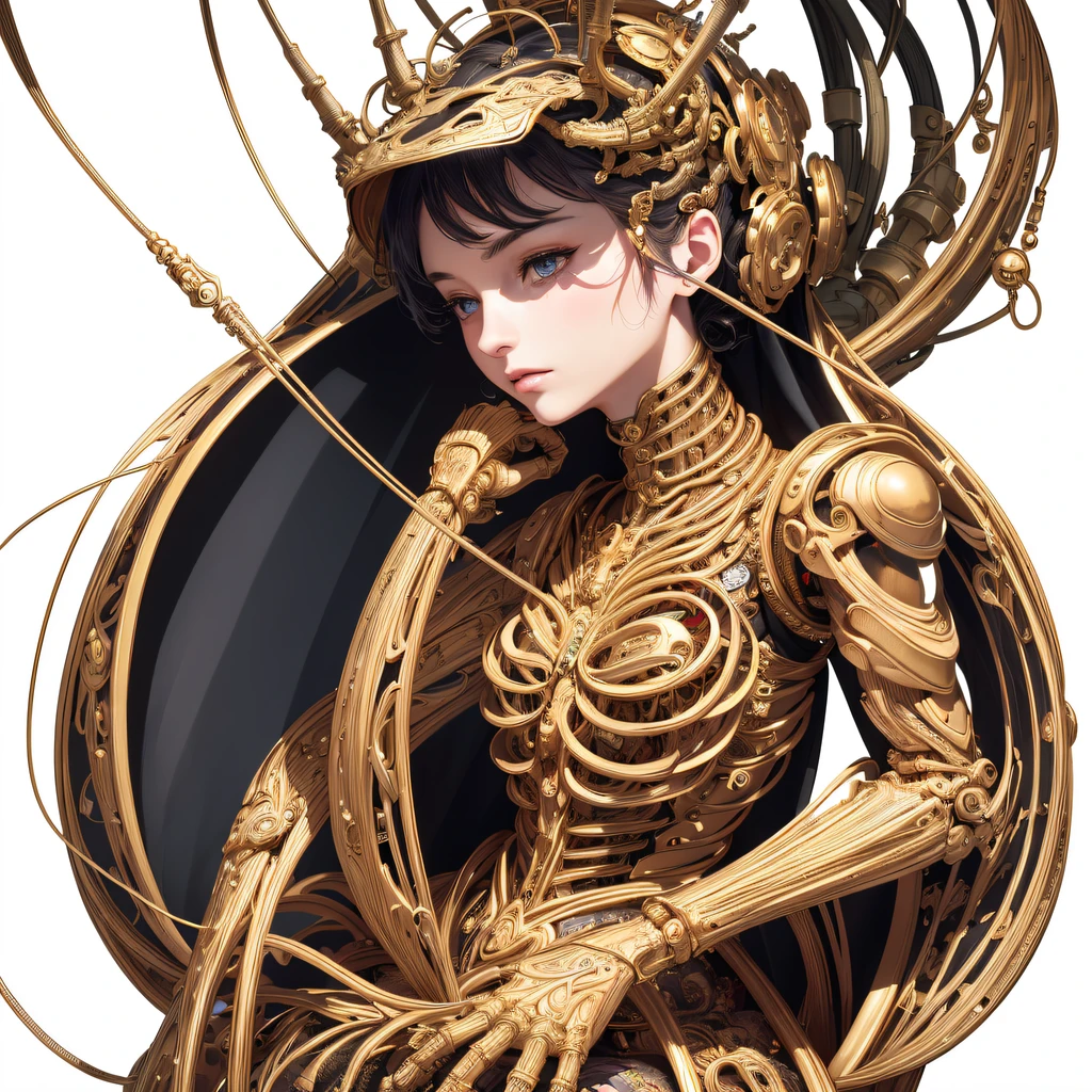 ((:1.1)), (tmasterpiece, top-quality, Best quality at best, offcial art, Beautiful and beautiful:1.2), (1个Giant Breast Girl:1.3), extremely detaile,Colorful,The most detailed ((ultra - detailed)), (Highly detailed CG illustration), ((Extremely Delicately Beautiful)),电影灯光,((1 mechanical girl)),Alone,full bodyesbian,(Machine made joints:1.2),(Mechanical limb),(The blood vessels are connected to the tube),(Mechanical vertebrae attach to the back),((The mechanical cervical vertebrae are attached to the neck)),(sitted),face expressionless,(wires and cables attaching to neck:1.2),(wires and cables on head:1.2),(Character focus),scientific fiction,white backgrounid