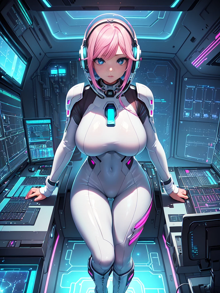 masterpiece:1.4, 1girl in ((20yr old, Wearing a futuristic white and silver costume, Tight Fit Bodysuit, long boots, Very gigantic-breasts, Multicolored pink hair, a short bob, Perfect model body, Blue eyes:1.2, Wearing headphones, Looking out the window of the futuristic sci-fi space station、While admiring the beautiful galaxy:1.2, SFSF control room on night background:1.1, Neon and energetic atmosphere:1.2)) ((Galaxy))