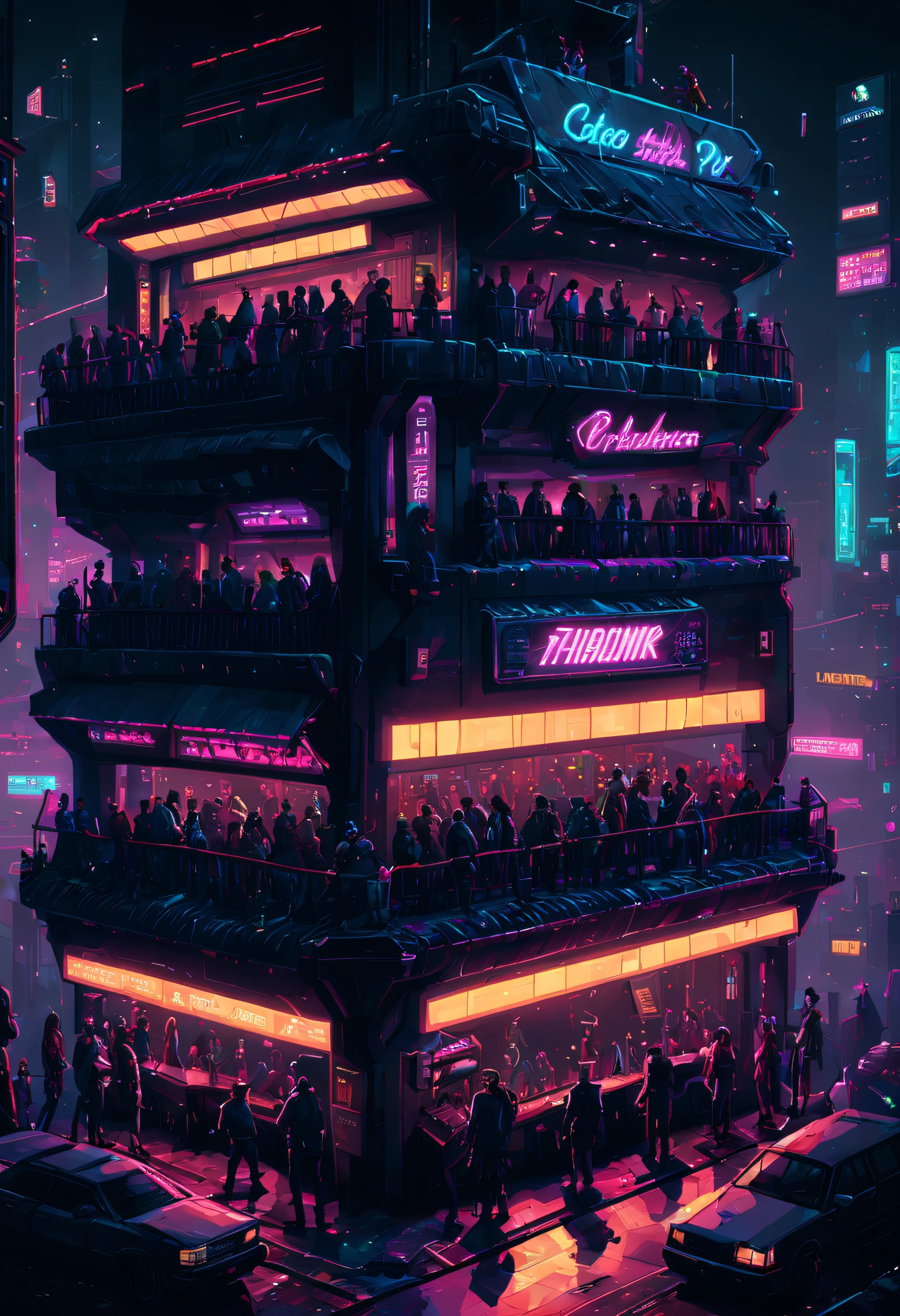 a crowded nightclub in cyberpunk pixel city