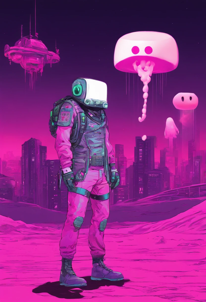 A pink cowboy alien standing in a desolate wasteland, with a weary expression on its face. In the distance, a giant ((((marshmallow)))) looms, emitting an eerie glow. The alien's cowboy hat is slightly askew, and its metallic body bears scars and scratches from past battles. The sky above is a deep purple, The scene is both whimsical and unsettling, with a touch of dark humor.