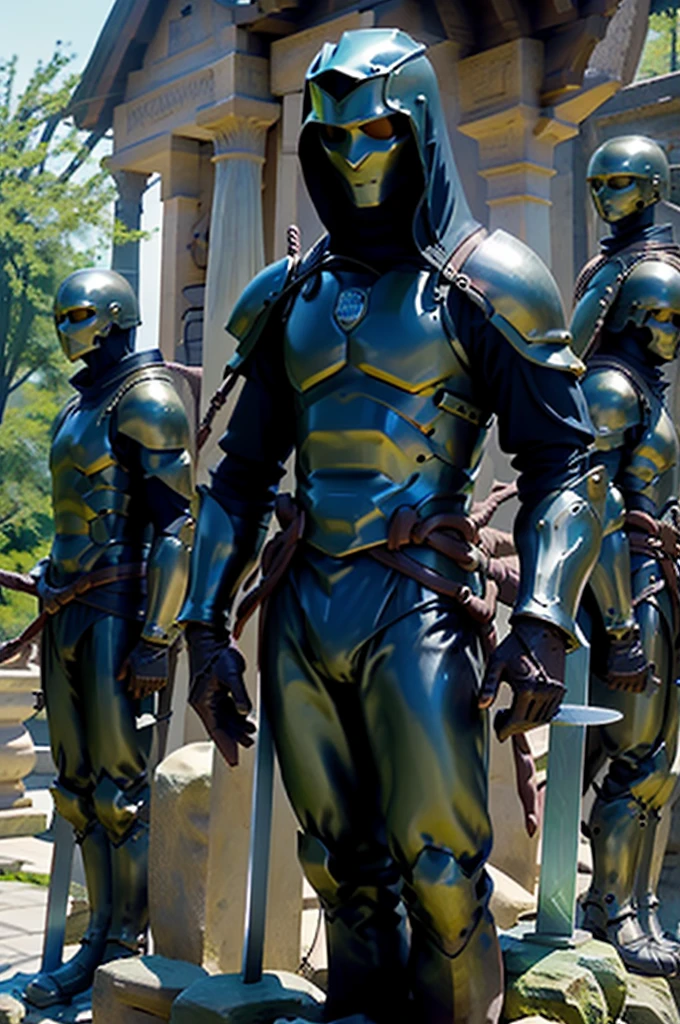 weasels body covered in armor at a village square, near a statue of a water fountain, carrying swords, looking fierce fantasy,