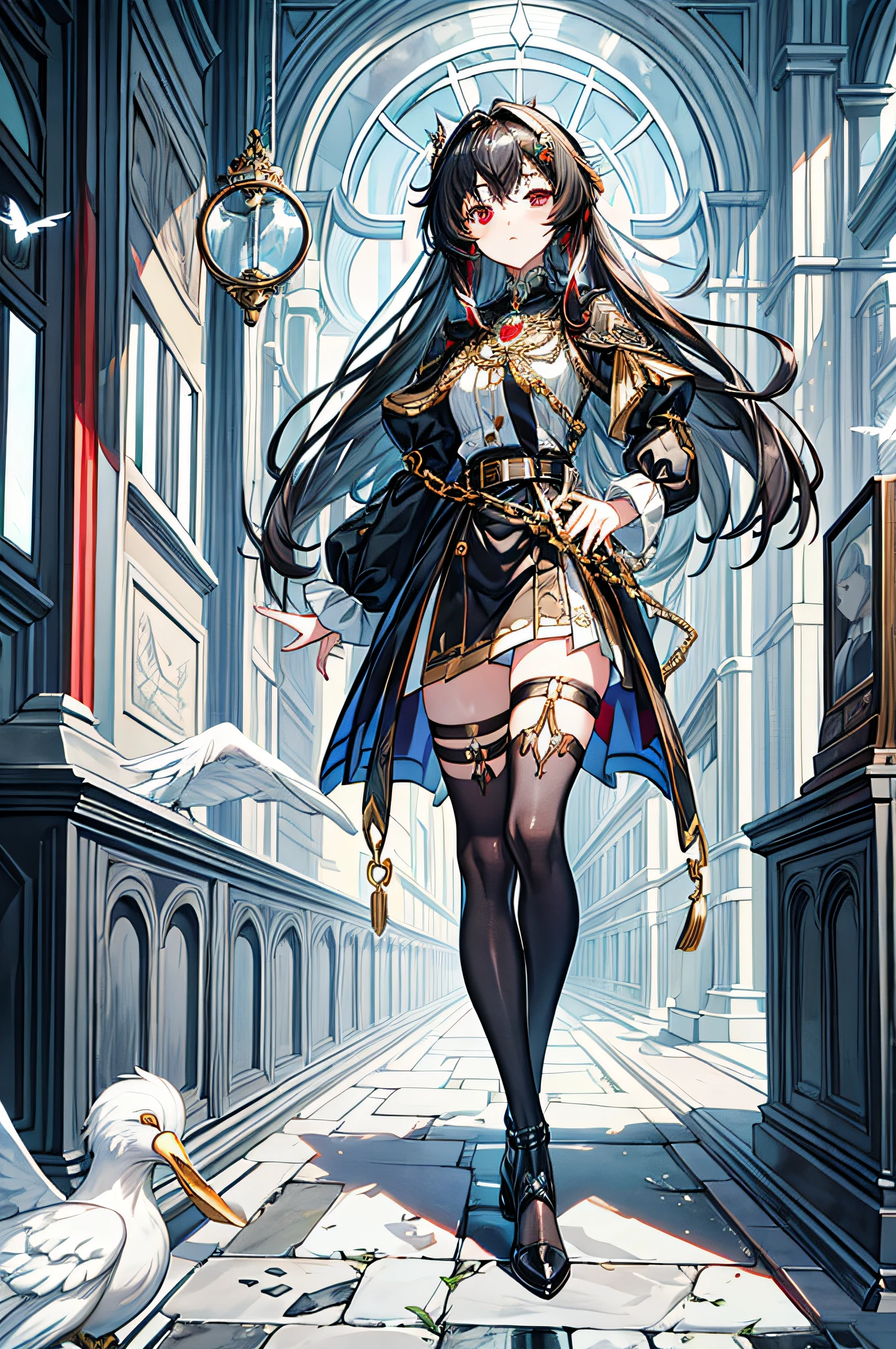 masutepiece,(top-quality),ighly detailed,Ultra-detailed, Cold, Solo, (1girl in), detailedeyes, Shining Golden Eyes, (Long River Hair), deadpan, (Long sleeves, Puffy sleeves),, (heavy-metal:1.2), (Metal jewelry), Cross Lace Footwear (chain), (white pigeon:1.2), Dull hair, Dark coat, Black eyes, monocle, Broken Mirror Earth, looking-down, (Half-tied hair), (Hair Loop)，(Dull hair:1.2) Red Eyes, hime_cut, medium breasts, Black hair, Black_hair