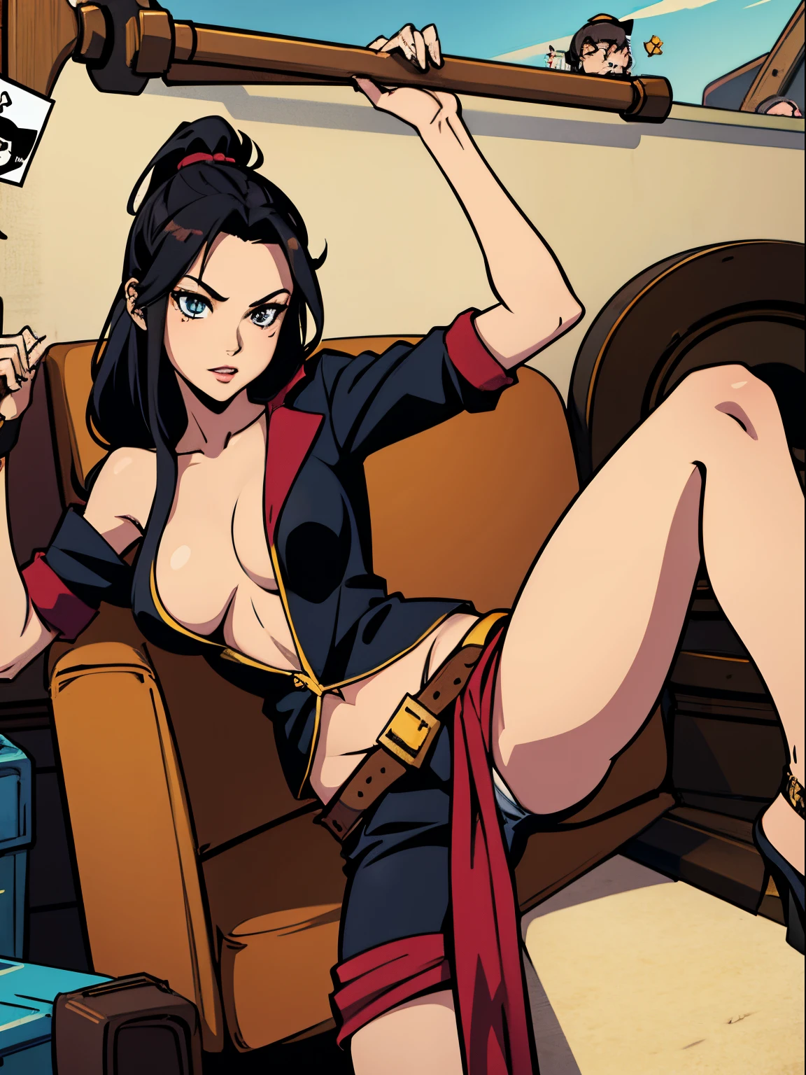 Female Pirate、One leg is raised high、A dark-haired、Sexy cartoons、、comic book style