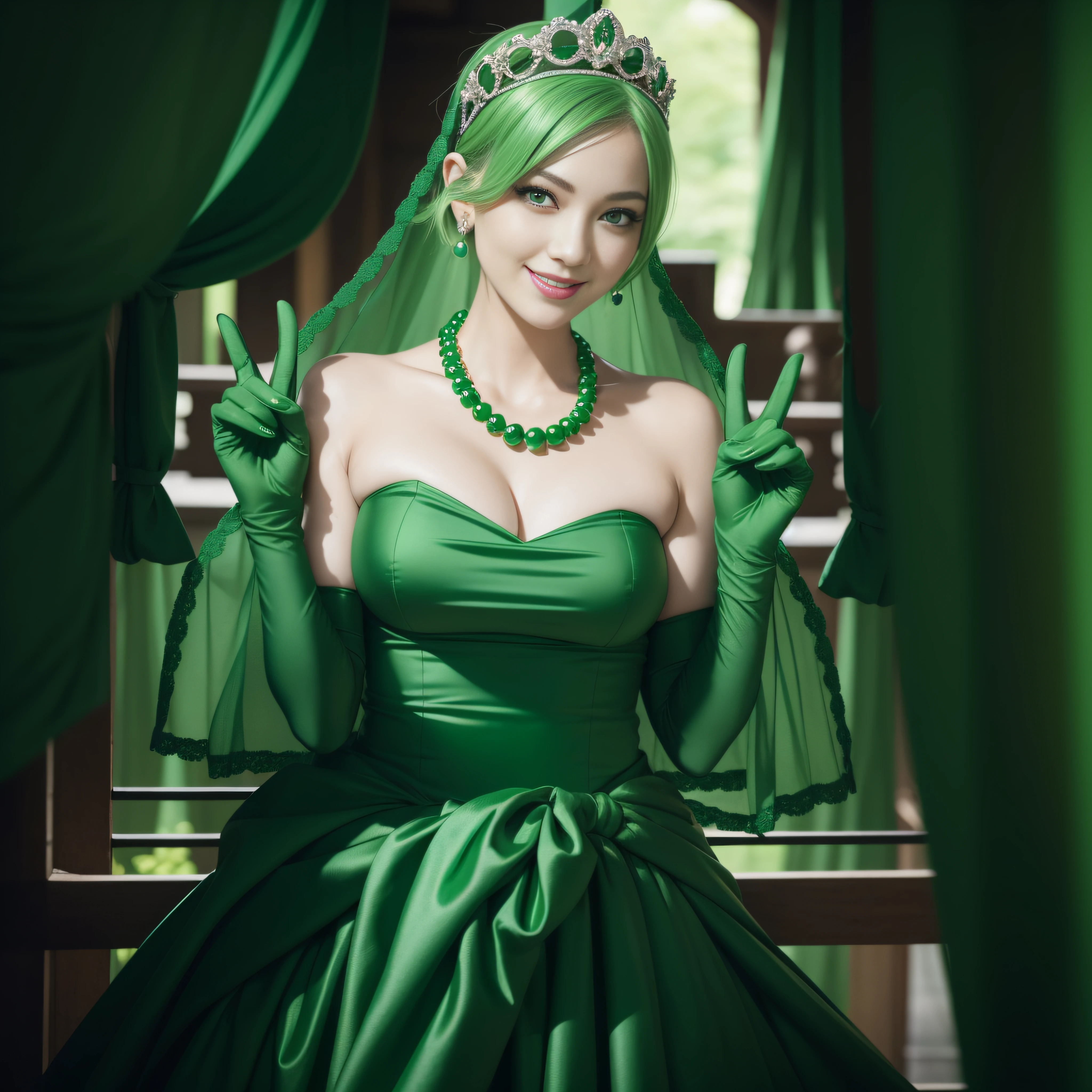 emerald tiara, Green Pearl Necklace, Boyish very short green hair, lipsticks, Japan woman smiling, very short short hair, big breasts beautiful, Green eyes, Long green gloves made of satin material, Green eyes, v sign,V-sign with both hands, Emerald Earrings, Green hair