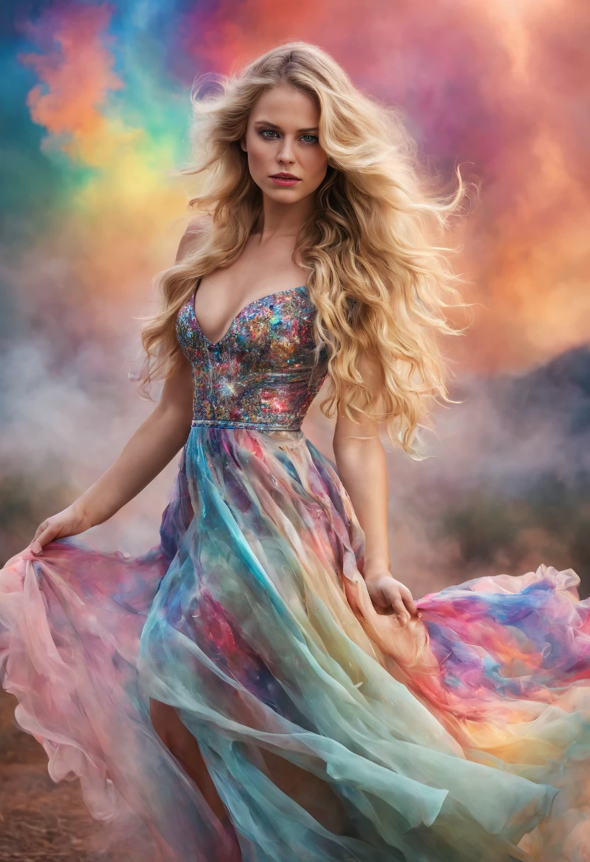 portrait photo of an elegant young woman, ((cowboy shot)), cute face, endless long extra long wavy blonde hair, blown in the wind, nice natural tight breasts, nice legs, nice butts, wearing a ((dress made of shiny, colorfull, transparent crystals)), in the background soft liquid rainbow smoke, vibrant and vivid smooth soft billowing smoke swirls, volumetric fog, soft front light, colorfully cosmic nebula, cinematic, fantasy art, mystical, hyperrealistic, photorealistic, sharp focus, studio photo, intricate details, highly detailed