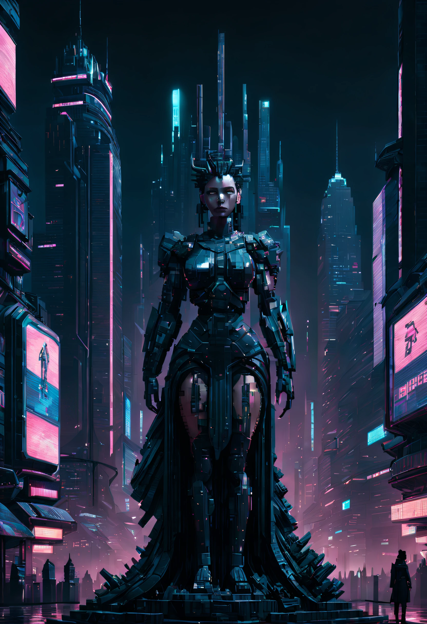 a huge statue of a woman in cyberpunk pixel city