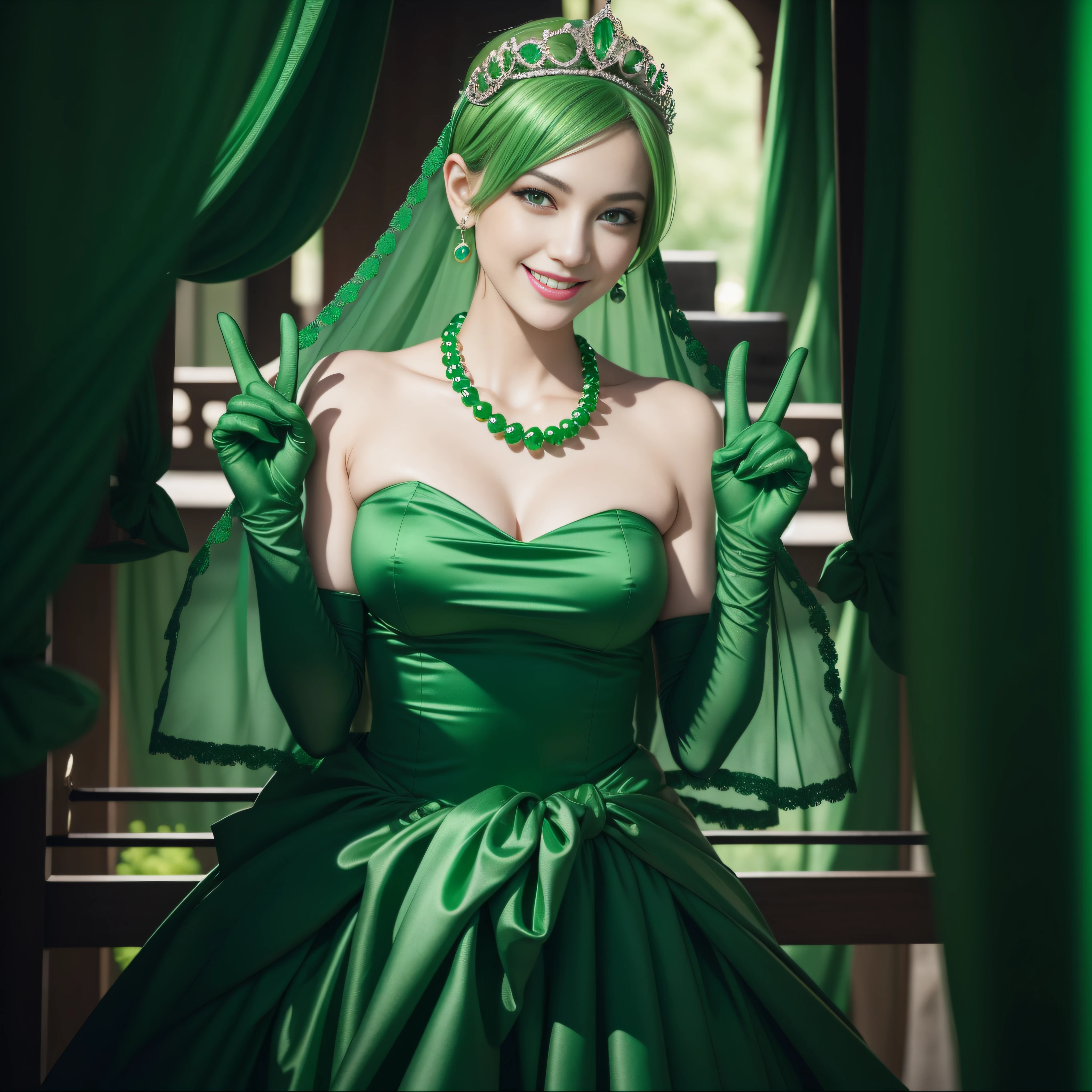 Emerald tiara, Green Pearl Necklace, ボーイッシュな非常に短いGreen Hair, Green Lips, Smiling Japanese woman, Very short hair, Busty beautiful lady, Green Eyes, Green satin long gloves, Green Eyes, Emerald Earrings, Green veil, Heart with both hands, Green Hair, Beautiful Japanese Women, Heart shaped hands:1.3, green lip gloss