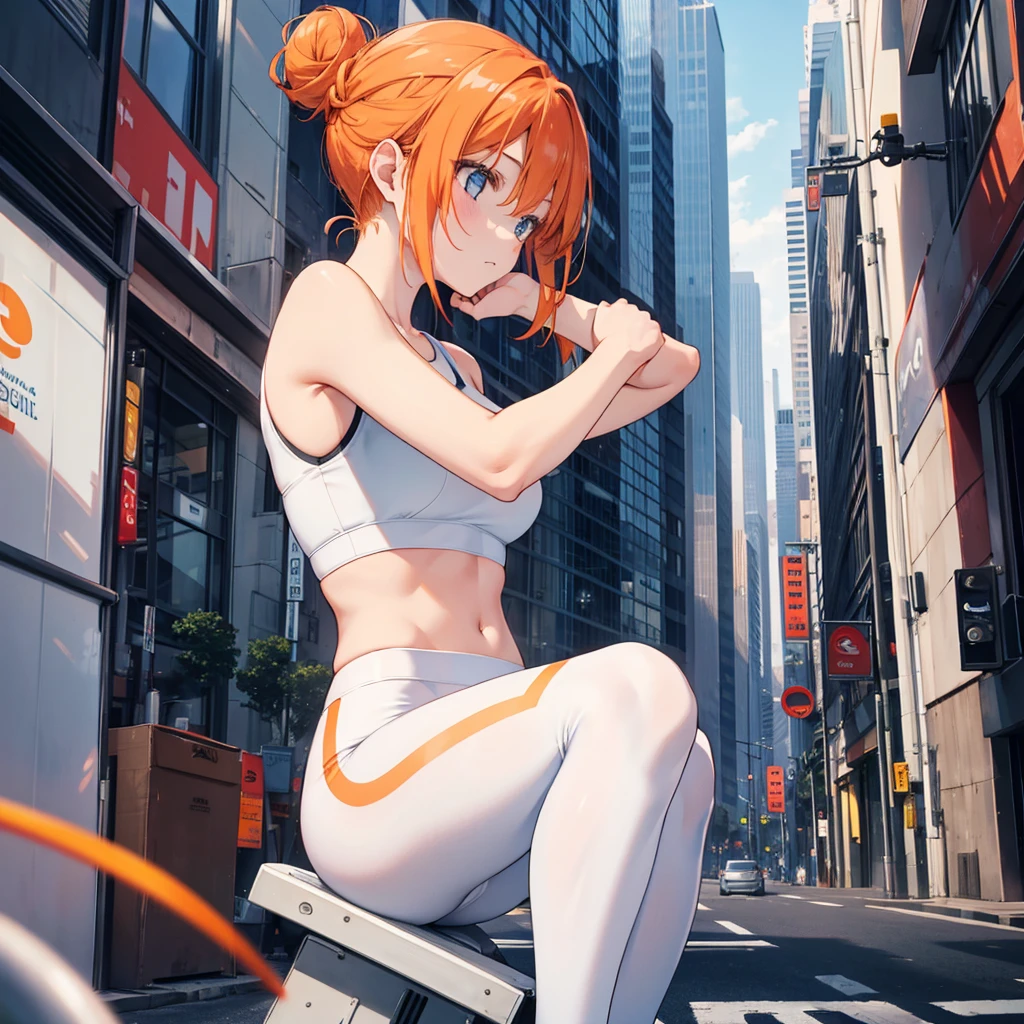 1girl, orange hair bun,wearing white sport bra, leggings, city