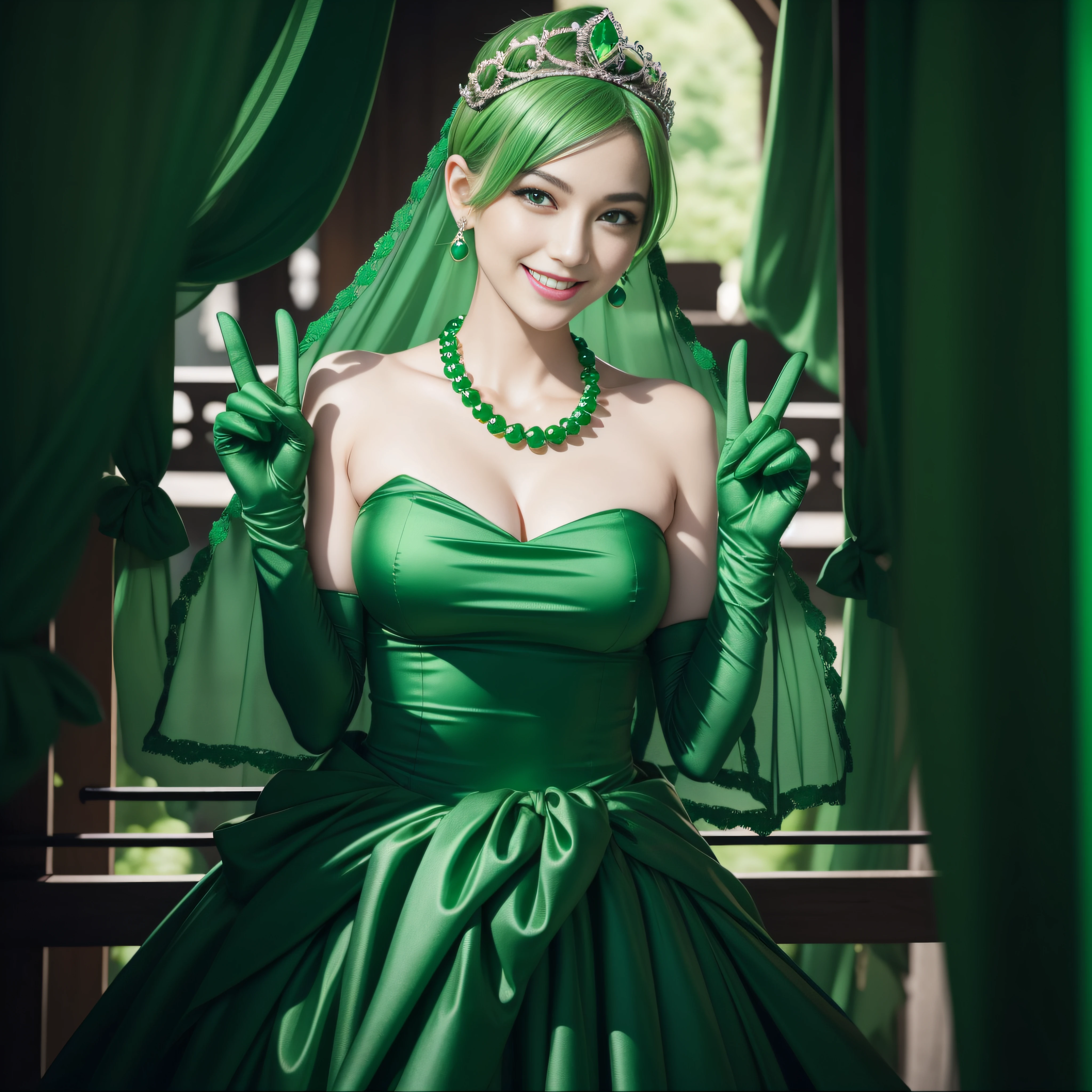 emerald tiara, Green Pearl Necklace, Boyish very short green hair, lipsticks, Japan woman smiling, very short short hair, big breasts beautiful, Green eyes, Long green gloves made of satin material, Green eyes, v sign,V-sign with both hands, Emerald Earrings, Green hair
