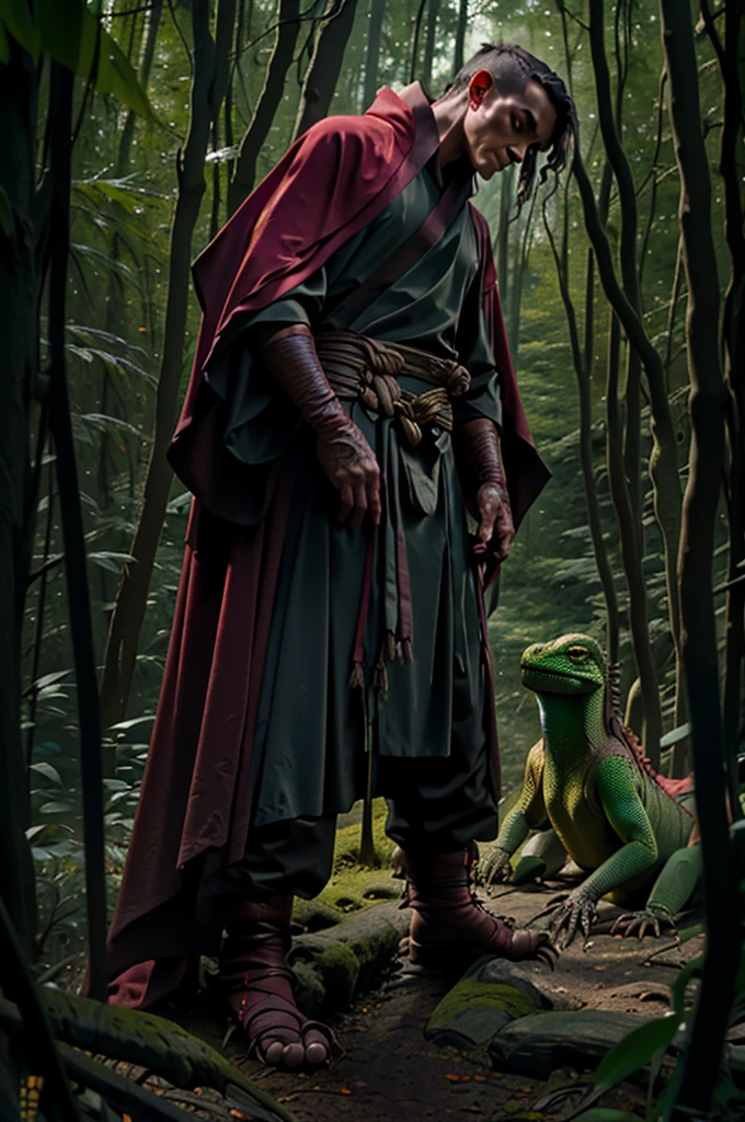 Reptile lizard man, red skin, dark red, druid robes, tongue extended forked, holding a rope red in color, standing next to a collapsed dragon, in a wooded area, in a clearing fantasy