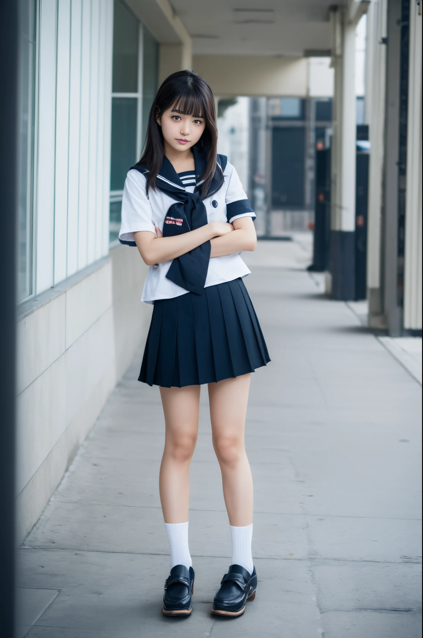 (Photo_\\(Medium\\):1.2), 1girl in, (Photorealsitic:1.2), hyper realisitic, photorealisim, a closeup, Raw feet, A dark-haired, bobhair, bangss, Black eyes, steampunc, a sailor suit, School uniform , hi-school girl, kawaii, goose bumps, Ultra mini skirt, Dark blue pleated skirt, Heavy snow falls on the snowy mountain,a backdrop of, Ephemeral, Full body, is standing, skin with goose bumps, Super beautiful legs, depth of fields, in 8K, VFX, nffsw, Very slender girl, Short socks, Tri-fold socks, white sock, Very short sleeves, Cute, bruised, Short sleeves even in winter, a beauty girl, Idol, Y2K, Strap Shoes, Loafer shoes