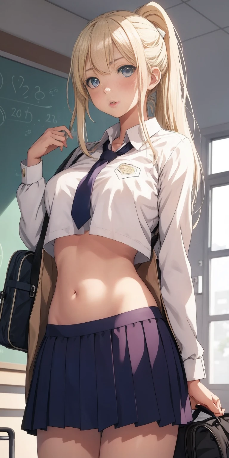 1girl tsubasa nanase blonde hair blue eyes,1woman, long hair, ponytail, parted lips, blush, makeup, provoking, navel, underboob,  school uniform, classroom, school bag, light rays, glow, thighs, collarbone, narrow waist, (masterpiece), wallpaper,