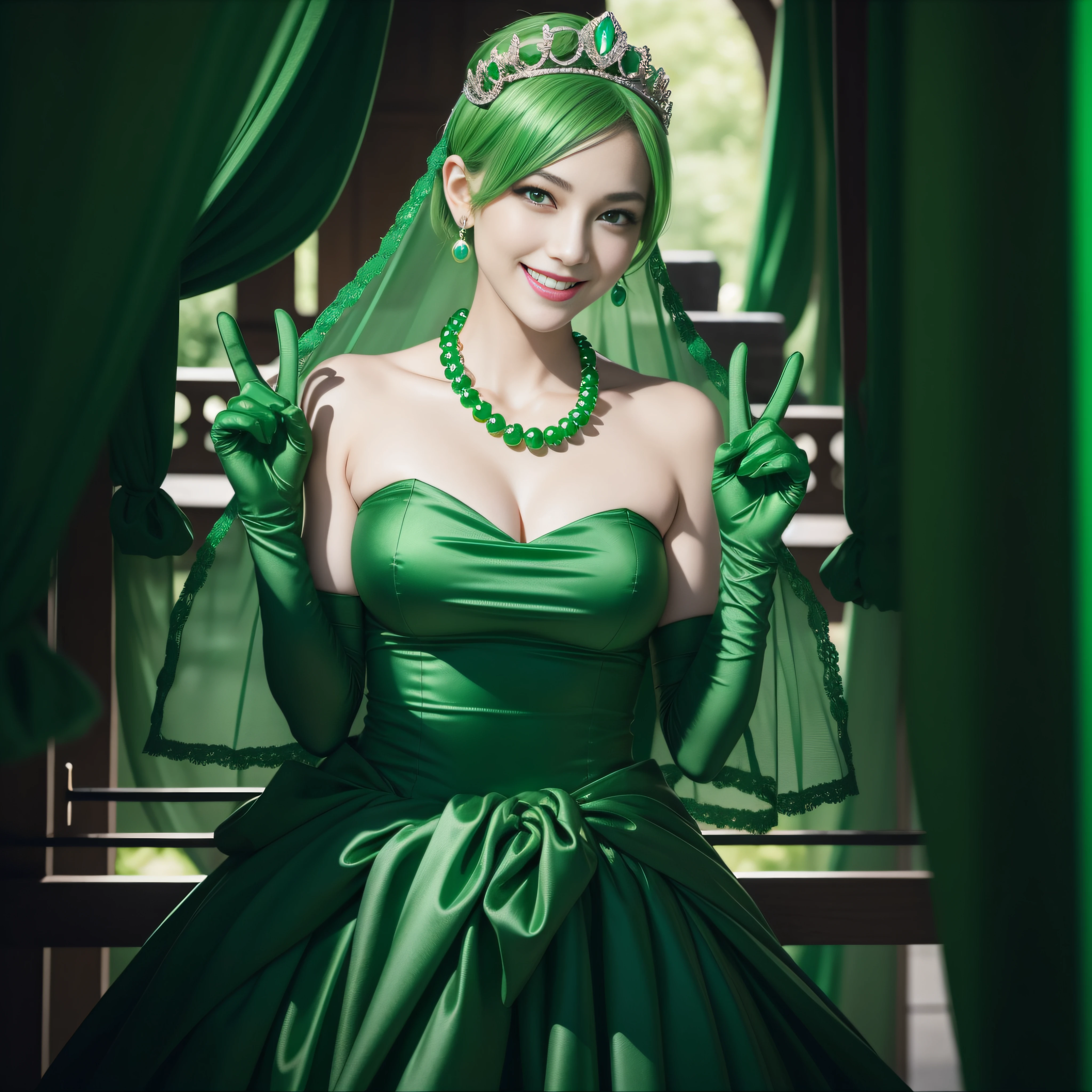 emerald tiara, Green Pearl Necklace, Boyish very short green hair, lipsticks, Japan woman smiling, very short short hair, big breasts beautiful, Green eyes, Long green gloves made of satin material, Green eyes, Emerald Earrings, green vale, v sign