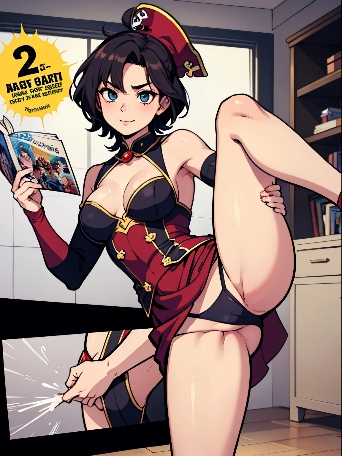 Female Pirate、Raise one leg high like a ballet dancer、A woman who seduces by sticking out her crotch、A dark-haired、Sexy cartoons、、comic book style