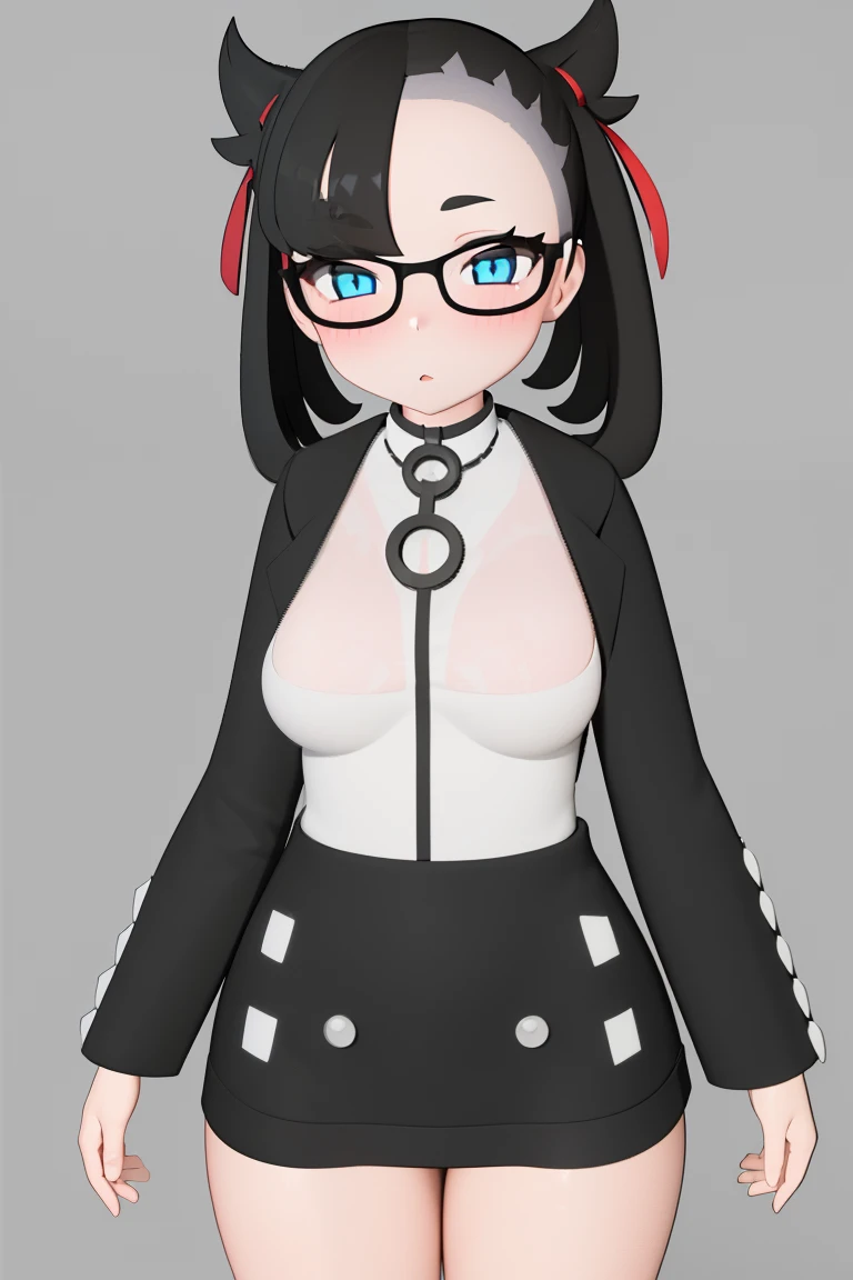 (best quality, masterpiece1.2), 1girl, solo,looking at viewer ,simple background ,detailed eyes, cowboy shot, blue eyes, blushing, white button shirt, office woman, glasses, marnie, upper body, medium boobs, thighs, sexy, milf, vrchat, 3d render,