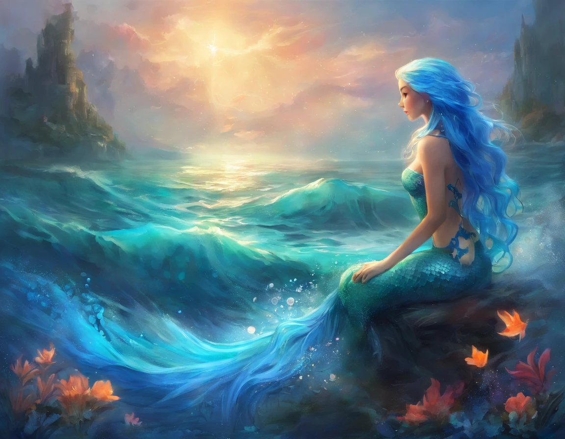 mermaid on the ocean, blue hair