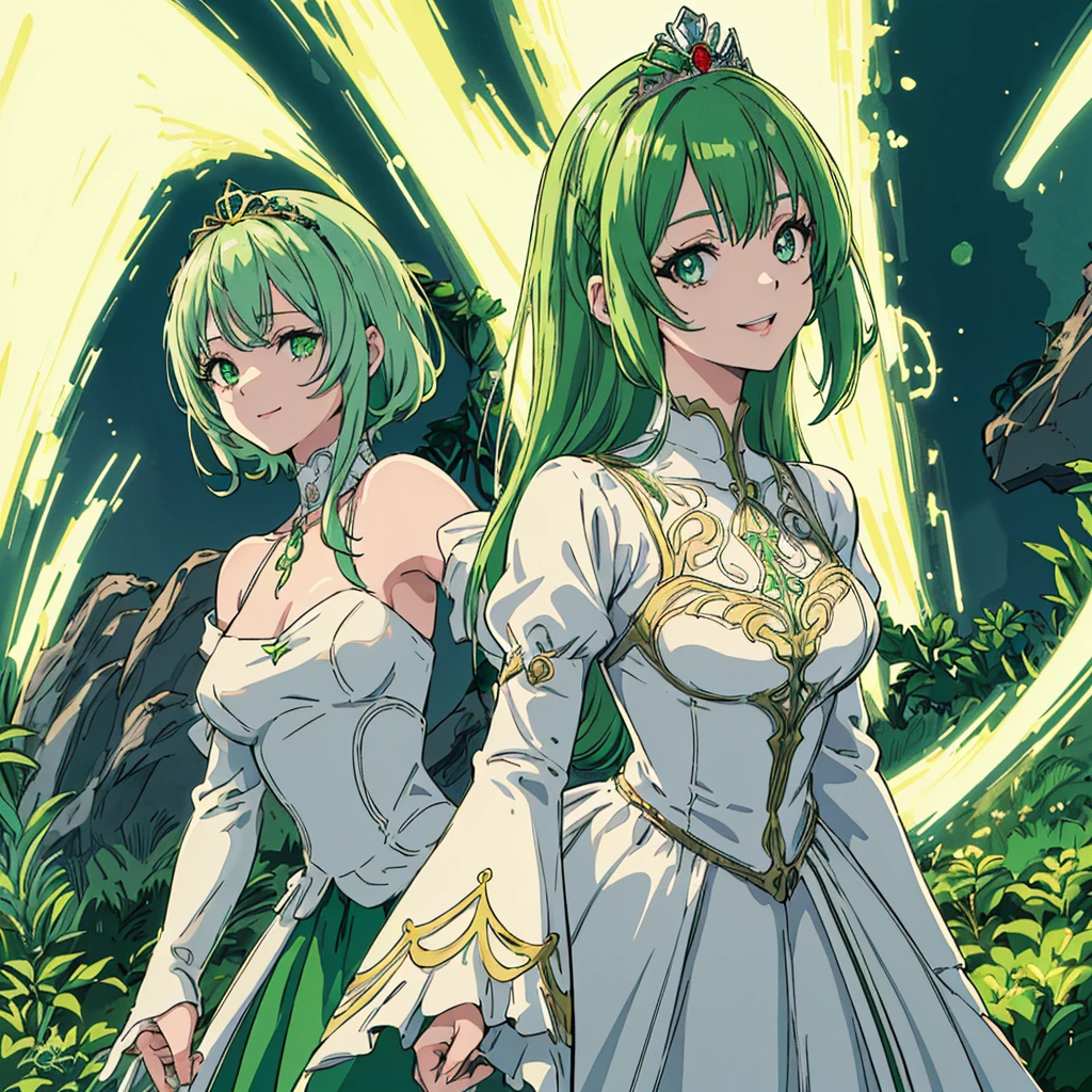 (best quality,anime,menina anime:1.2,sorridente,Bonito,Cabelos verdes claros,olhos verdes,tiara flor,medium breasts,beautiful face,vestido verde,19s vibes,dark vibes,Noite, Cinematic lighting)