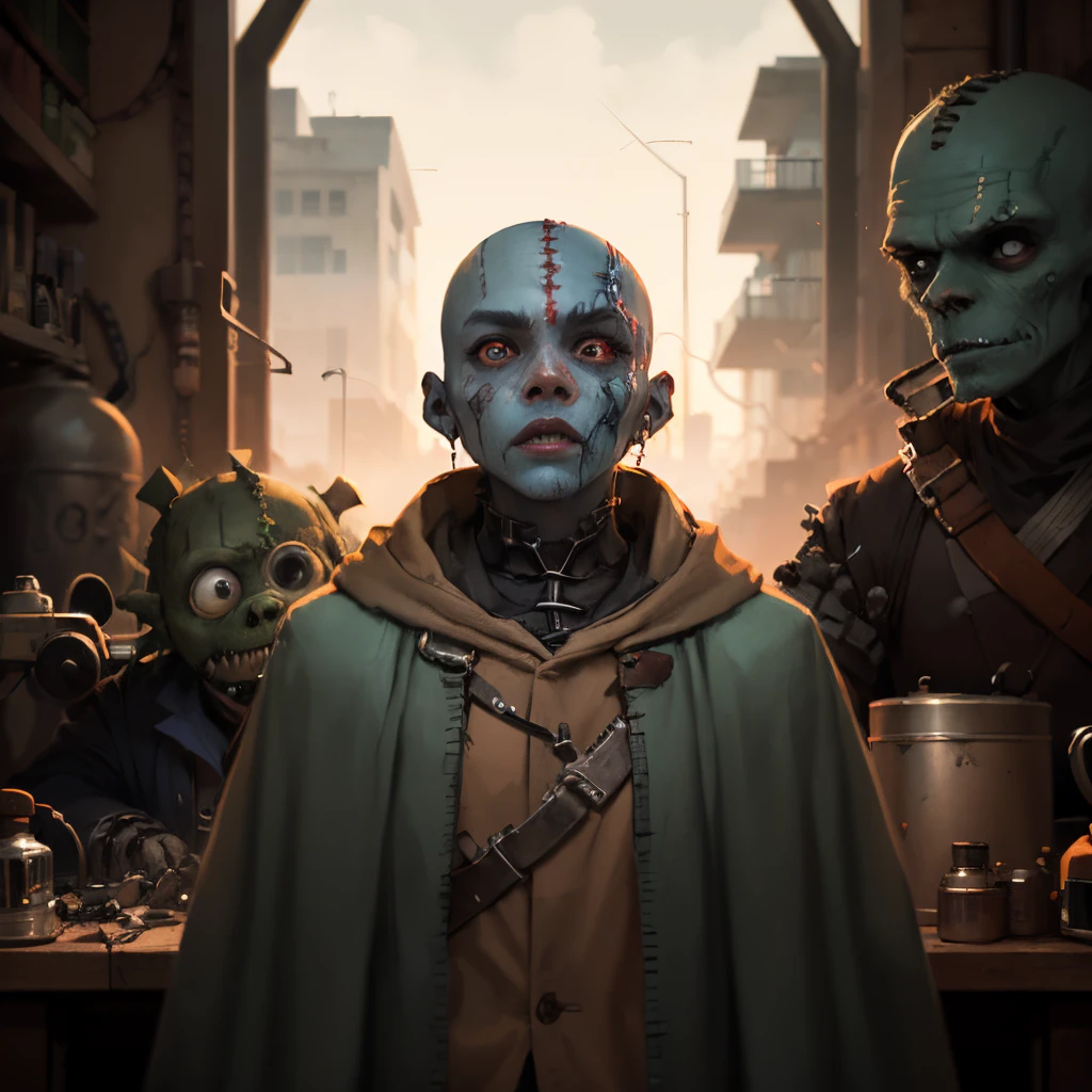 An escaped experiment Frankenstein monster. Various parts sewn together. Female. Shaved head. Grey skin. Disproportional body. Electric bolts in neck. Big eyes. Curious expression. Wearing a modest cloak. Realism