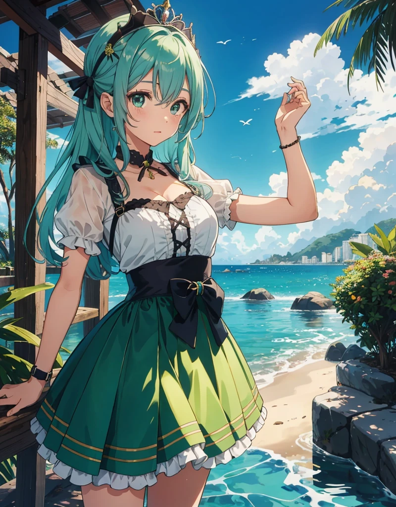 ((master part, best quality)), (1girl, Menina anime no rio, estilo medieval),(Loli, garotinha, Shy, corar), (sozinho), (Foco Feminino), (cabelos verdes, Cabelos lisos, cabelos longos, tiara flor),olhos verdes, ((ombro exposto)) , Shy, Retratos, fechar para cima, parte superior do corpo, cores vibrantes, soft lighting, olhando para a frente