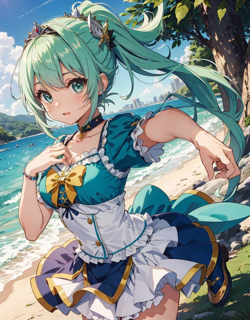 ((master part, best quality)), (1girl, Menina anime no rio, estilo medieval),(Loli, garotinha, Shy, corar), (sozinho), (Foco Feminino), (cabelos verdes, Cabelos lisos, cabelos longos, tiara flor),olhos verdes, ((ombro exposto)) , Shy, Retratos, fechar para cima, parte superior do corpo, cores vibrantes, soft lighting, olhando para a frente