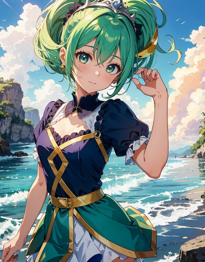 ((master part, best quality)), (1girl, Menina anime no rio, estilo medieval),(Loli, garotinha, Shy, corar), (sozinho), (Foco Feminino), (cabelos verdes, Cabelos lisos, cabelos longos, tiara flor),olhos verdes, ((ombro exposto)) , Shy, Retratos, fechar para cima, parte superior do corpo, cores vibrantes, soft lighting, olhando para a frente