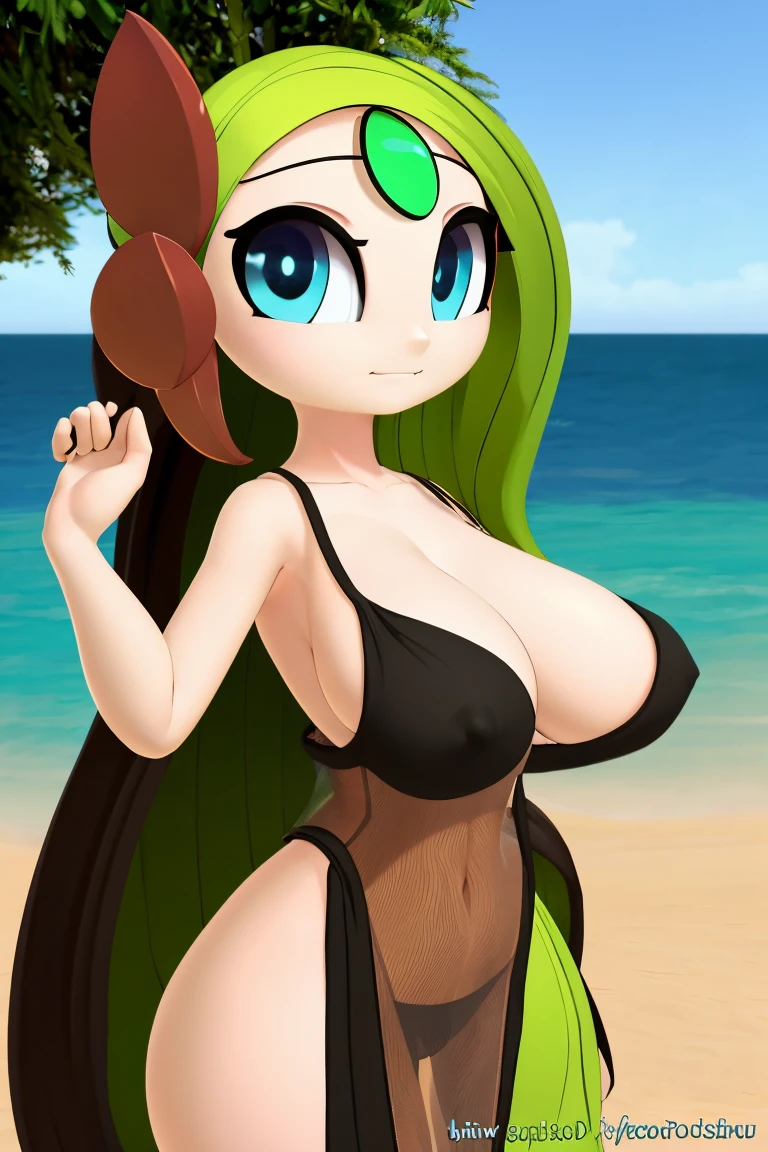 vrchat,3d render,uploaded on e621, explicit content, 3d, cutesexyrobutts, hioshiru, female, solo, meloetta, noseless, long hair, beach setting, (split dress), (large breasts, natural breasts, breast sag:0.7), standing, three-quarter portrait, closeup, arms to side, facing forward, pantie peek, chibi, beautiful eyes,