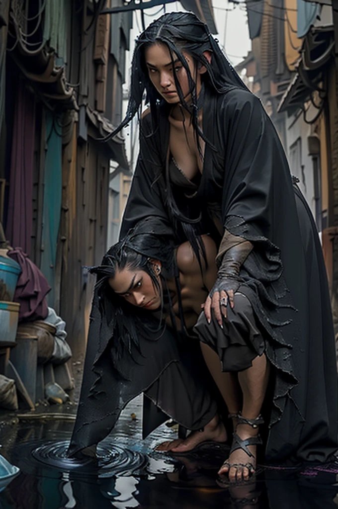 female druid, cloaked in a ninja outfit, long wispy flowing black hair, black eyes, long sharp finger nails, leaning over a villager, dressed in color coated patchwork robe, filthy road water in a village