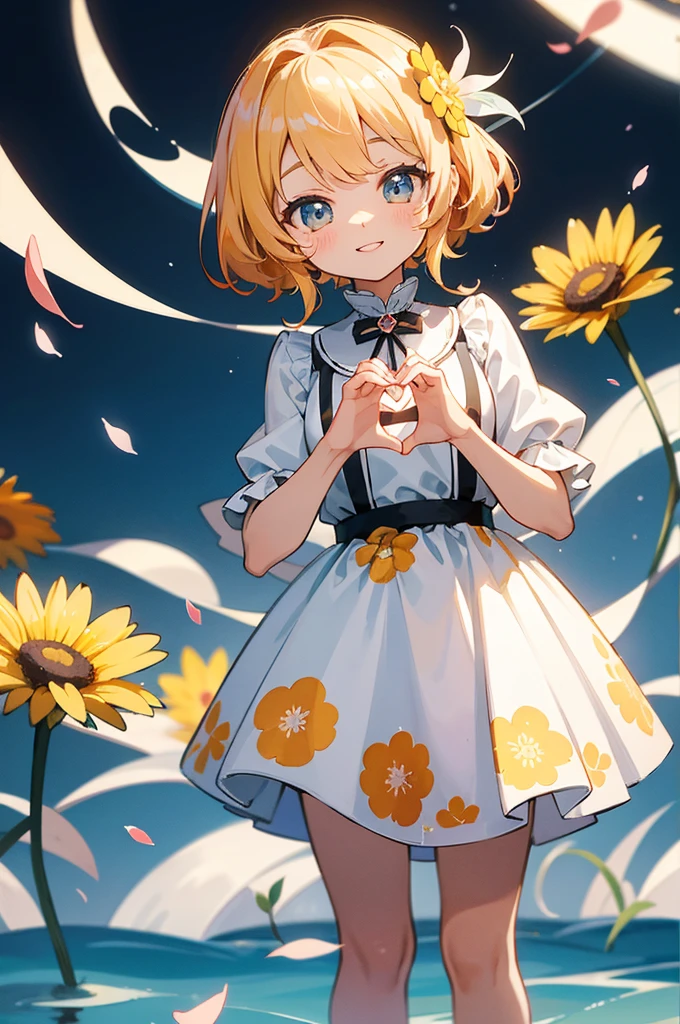 fotoRealstic、Doll standing in front of painting(Nendroid)、Boca aberta e sorriso largo、Water droplets on the cheeks、Make a heart with both hands in a cute pose、aquarela Nendoroid、(High Definition Figure)、Seda iridescente fluindo、para cima do rosto、De olho、Colorcon with heart pattern、vestido floral、There are also flowers in front of the Nendroids、flower petals、season!!: 夏天☀ 🍂