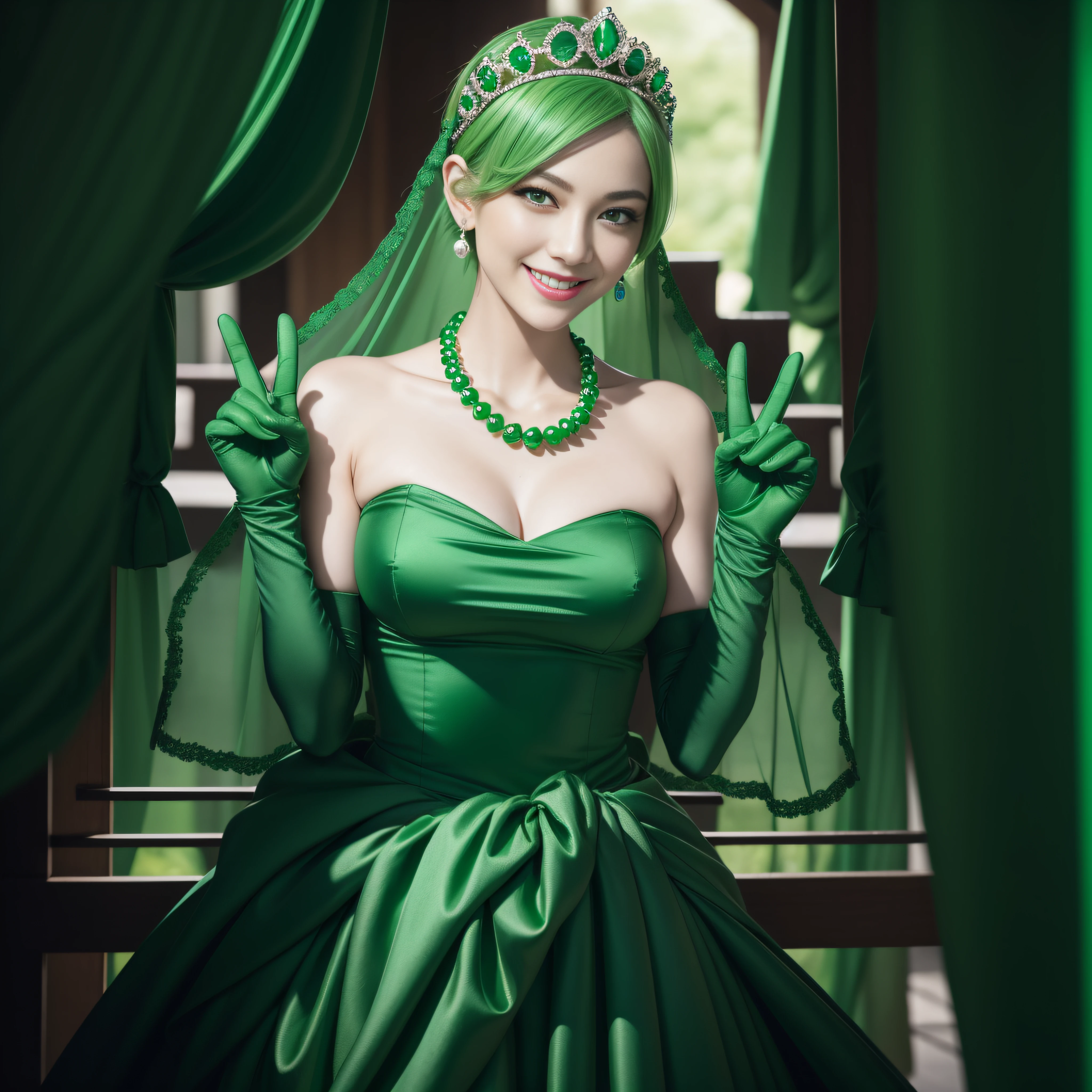 Emerald tiara, Green Pearl Necklace, Boyish very short green hair, lipstick, Smiling Japan woman in her 30s, Very short hair, Big and beautiful, Green Eyes, Long green satin gloves, Big Breasts, V sign, Emerald Earrings, Green veil
