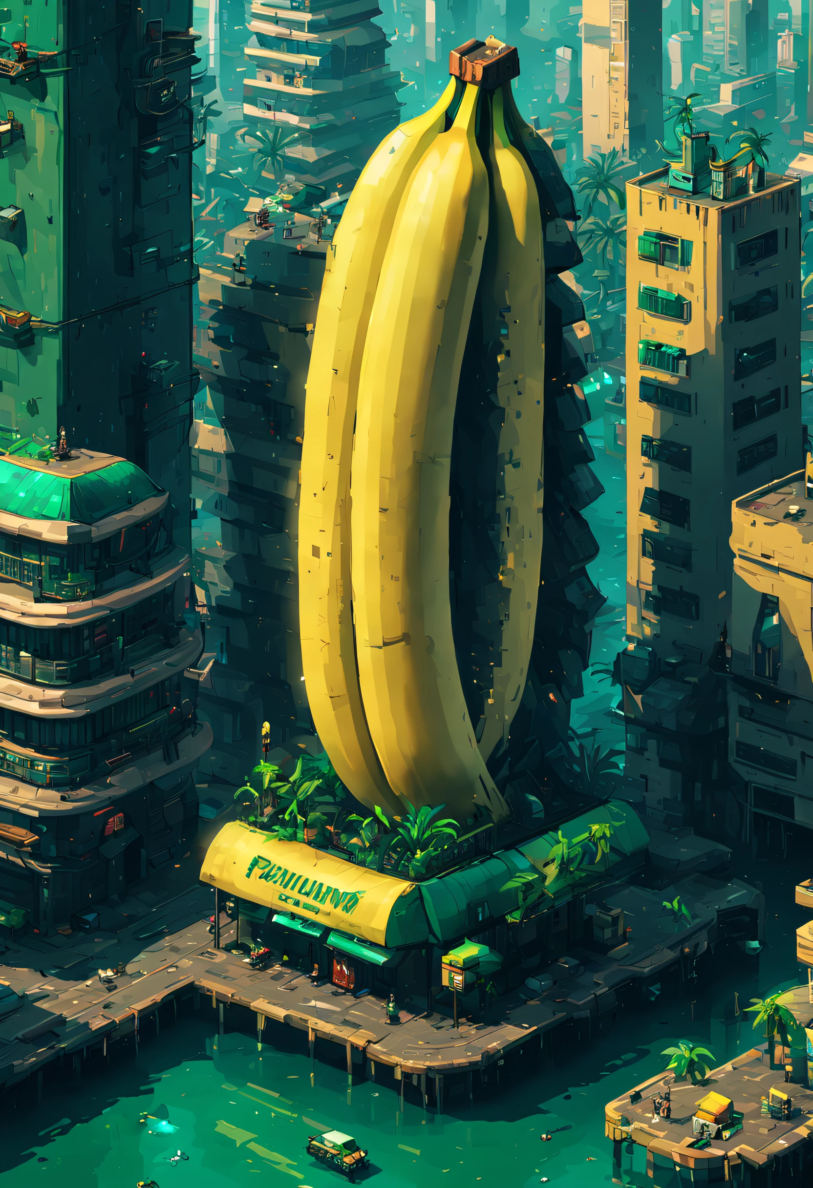 a huge  yellow banana in cyberpunk pixel city near the green toxic water