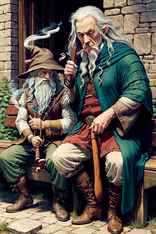 Gandalf in a wiard hat and Bilbo the hobbit smoking long pipes on a bench in the shire