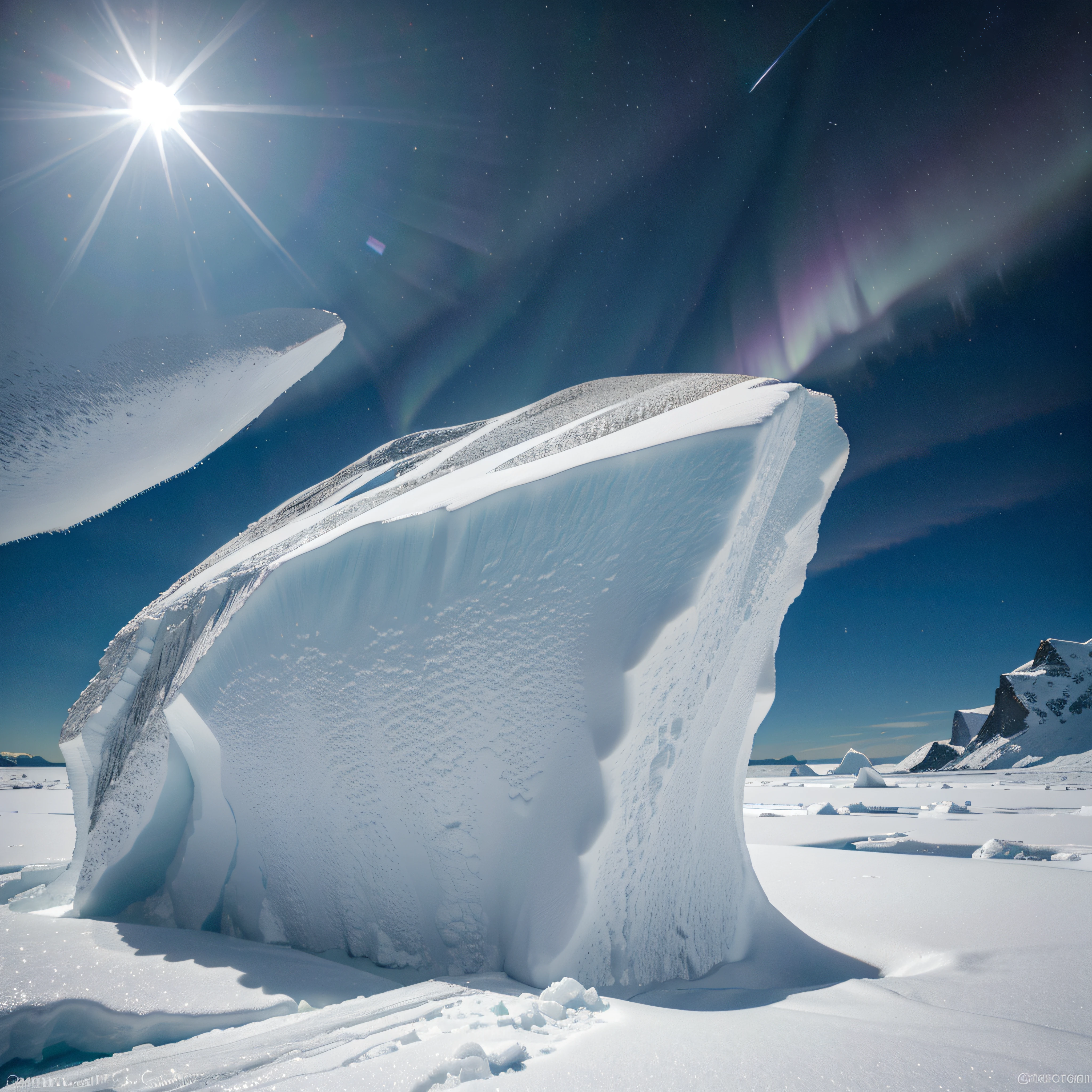 Snow crystals falling on an iceberg, half of which is bright white and the lower half is black, with a polar aurora in the sky, in high-resolution quality and photography.