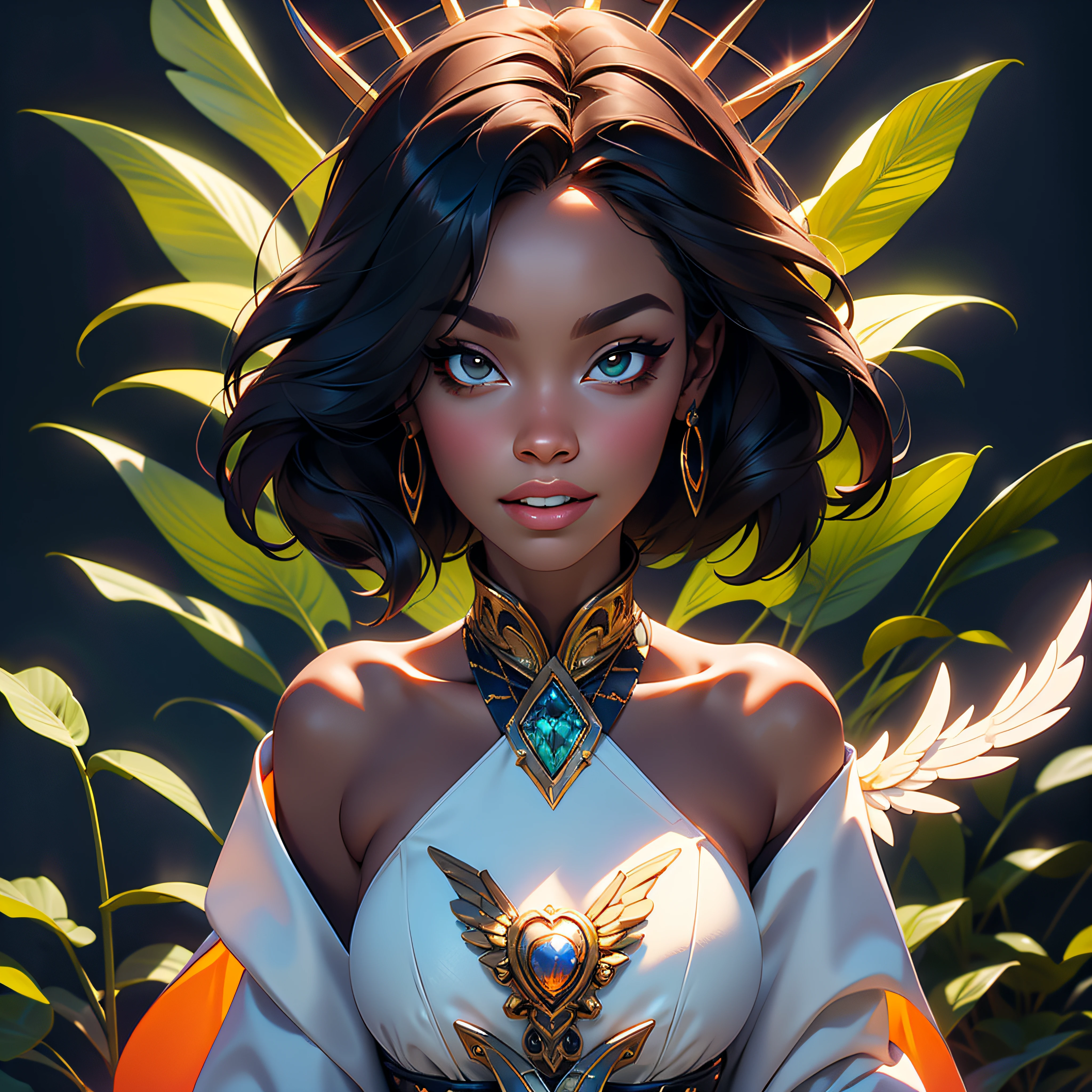 Green: 1.5, Orange: 1.1, White: 1.3, Yellow: 1.3, (Dark-skinned woman), Sexy, Tattoos, (power puffer clothes: 1.2), ,Prom Dresses,Flowers, Leaves, Mist, Lines, background circles