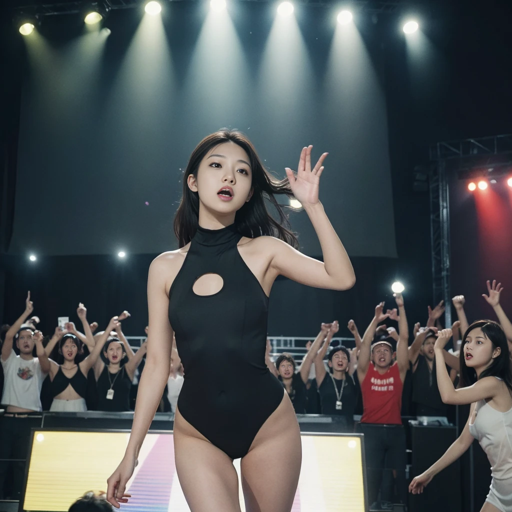 K-pop idols performing on stage, black short tight dresses, song performance, Kpop girl group, riotous atmosphere, stage above the hall, (best quality, 8k, 16k, highres, masterpiece:1.2), ultra-detailed, (realistic, photorealistic, photo-realistic:1.37), professional, (music:1.1, performance:1.1), dynamic lighting, (moving lights:1.1, spotlights:1.1), energetic performance, powerful vocals, enthusiastic audience, dazzling stage effects, high-energy atmosphere, (excitement, adrenaline:1.1), charismatic lead vocalist, flawless stage presence, passionate performance, vibrant stage background, (cheering audience:1.1, waving light sticks:1.1), electrifying atmosphere, captivating stage presence, (explosive, high-intensity:1.1), (pop music, catchy melodies:1.1), crowd interaction, (empowering lyrics, motivational messages:1.1).