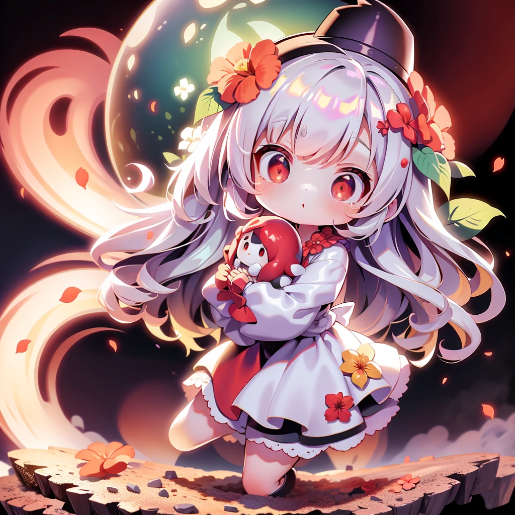 Uma garota,chibi,pele escura, vestido preto com flores vermelhas