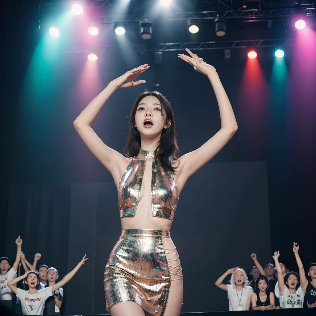 K-pop idols performing on stage, black short tight dresses, song performance, Kpop girl group, riotous atmosphere, stage above the hall, (best quality, 8k, 16k, highres, masterpiece:1.2), ultra-detailed, (realistic, photorealistic, photo-realistic:1.37), professional, (music:1.1, performance:1.1), dynamic lighting, (moving lights:1.1, spotlights:1.1), energetic performance, powerful vocals, enthusiastic audience, dazzling stage effects, high-energy atmosphere, (excitement, adrenaline:1.1), charismatic lead vocalist, flawless stage presence, passionate performance, vibrant stage background, (cheering audience:1.1, waving light sticks:1.1), electrifying atmosphere, captivating stage presence, (explosive, high-intensity:1.1), (pop music, catchy melodies:1.1), crowd interaction, (empowering lyrics, motivational messages:1.1).