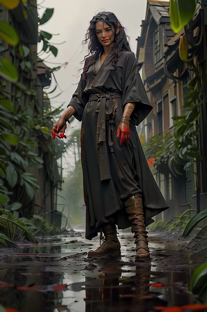 female, hair made of smoke black, cracking a walnut, tossing it into a muddy road, while grinning evilly, long black finger nails, sharp, standing next to a red scaled lizard man, druid robes red, and its raining, in a village of patch work dragons