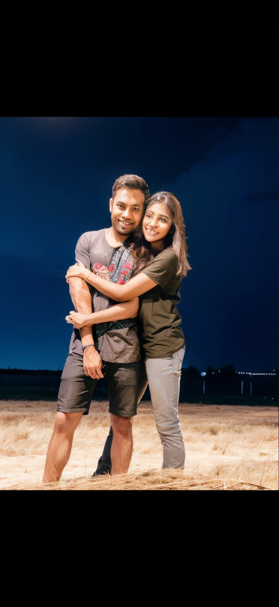 Man looking at camera, Embraced, field, , cuddleso men, back to back, 4k, illustration, digital drawing, animification,y, couple, illustrate,, malaysian indian, tamil, a beautiful couple romantic pose n and beautiful woman,