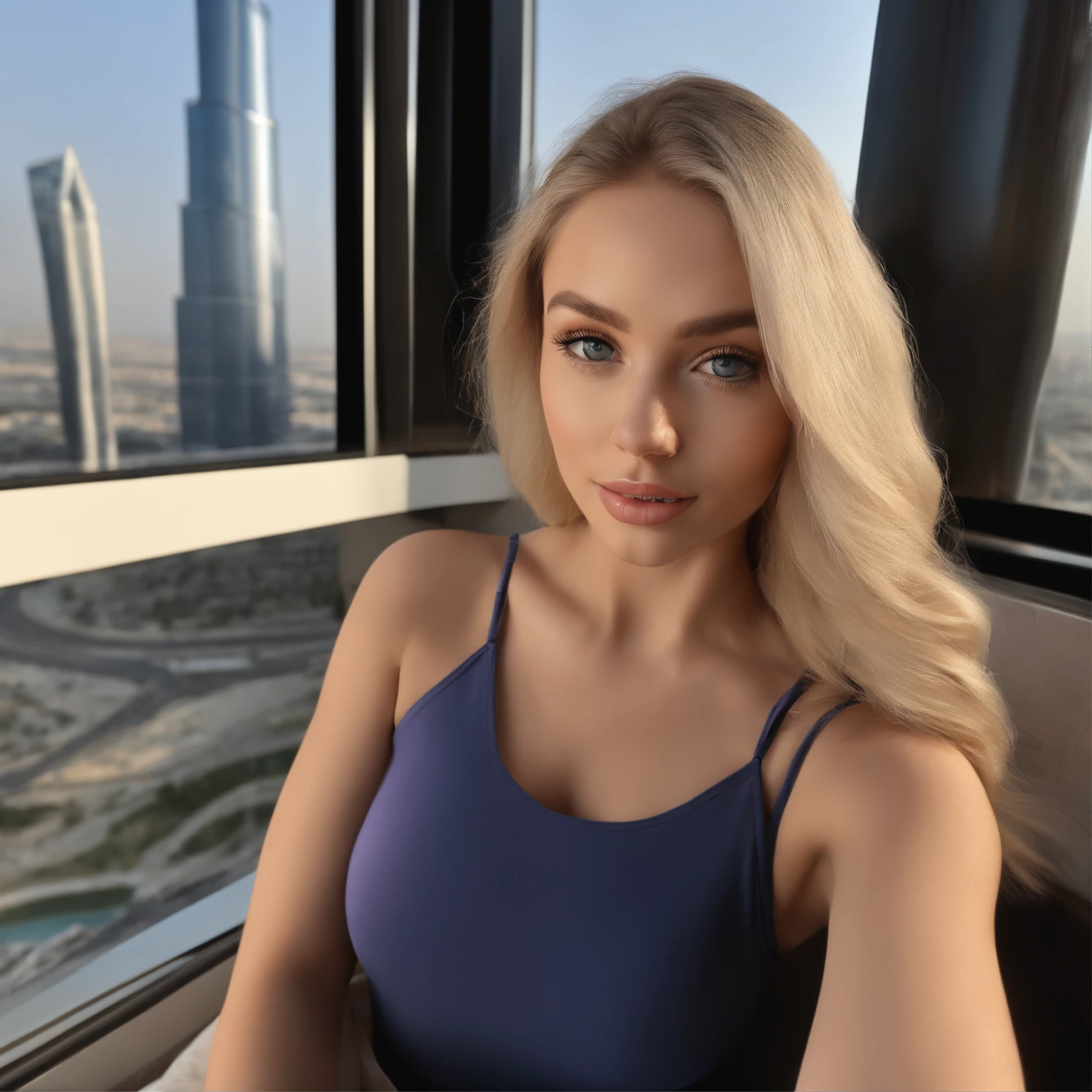 arafed woman fully , sexy girl with blue eyes, ultra realistic, meticulously detailed, portrait sophie mudd, blonde hair and large eyes, selfie of a young woman, sitting up on a bed in bedroom, in Dubai with Dubai’s buildings and beaches in the background, 500 feet in the sky, violet myers, without makeup, natural makeup, face with artgram, subtle makeup, large hips, very large bust, wearing a blue shirt top and a blue mini skirt, photorealistic background, quality: 10, unreal background, high detail, attention to detail, quality background