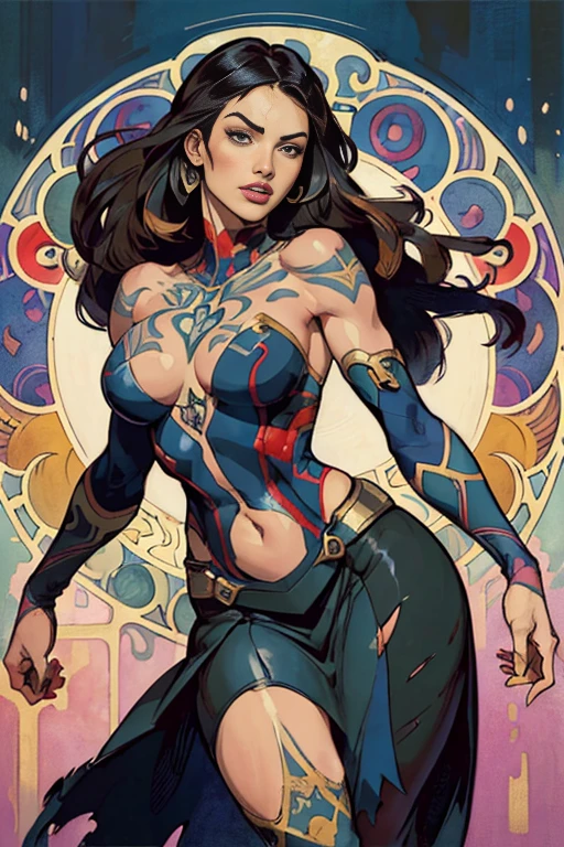 Megan fox、Sticking out the navel、newyork、She wears a torn Spider-Man suit,wearing skirt、abstract photorealistic、artistic、Alphonse Mucha's painting(​masterpiece、top-quality、hight resolution:1.4)、detaileds、intricate-detail、4K、color splashes、line-drawing、Fibonacci、