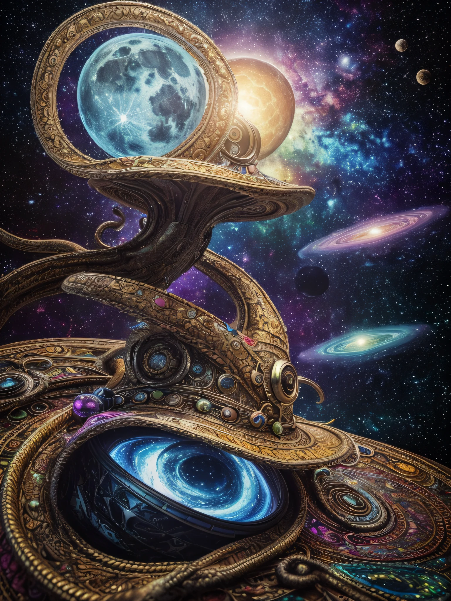 (best quality,4k,8k,highres,masterpiece:1.2),ultra-detailed,(realistic,photorealistic,photo-realistic:1.37),psychedelic collage,kraken,cowboy hat,rocket,outer space,rainbow galaxy,discoball,moon
