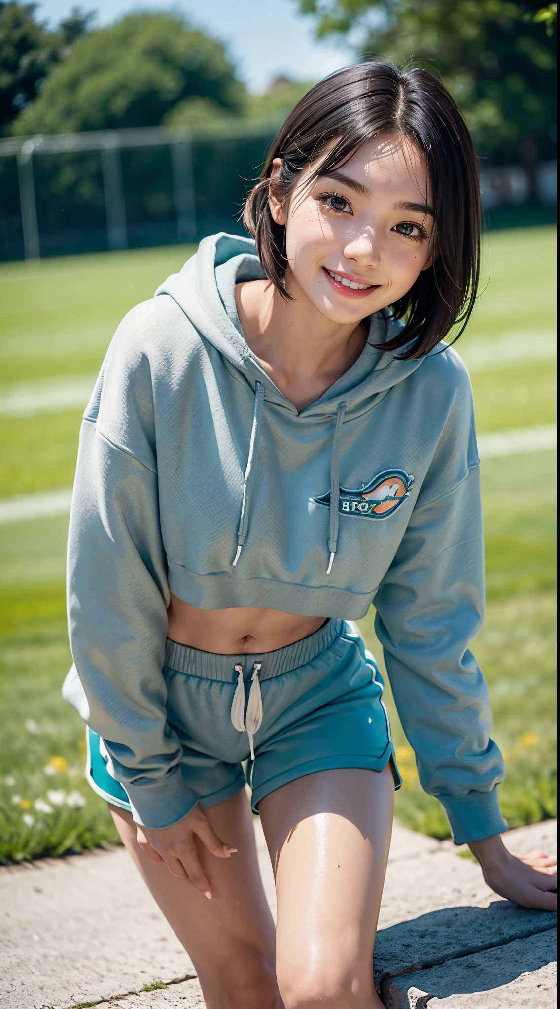 ((Dolphin Shorts)), (Sweatshirt), athletic field, Smiling smile, (Leaning forward:1.5), 1womanl, 独奏, 18year old, 7headed body, (Ideal ratio body proportions), erectile nipple, Sexy body, Wet, short-hair, A dark-haired, small tits, A slender, Small buttocks, beauty legs, Skinny Legs, surrealism, Cinematic lighting, depth of fields, One-person viewpoint, F/1.8, 135 mm, nffsw, masutepiece, ccurate, ((Anatomically correct)), Textured skin, Super Detail, high details, High quality, awardwinning, Best Quality, hight resolution, 8K