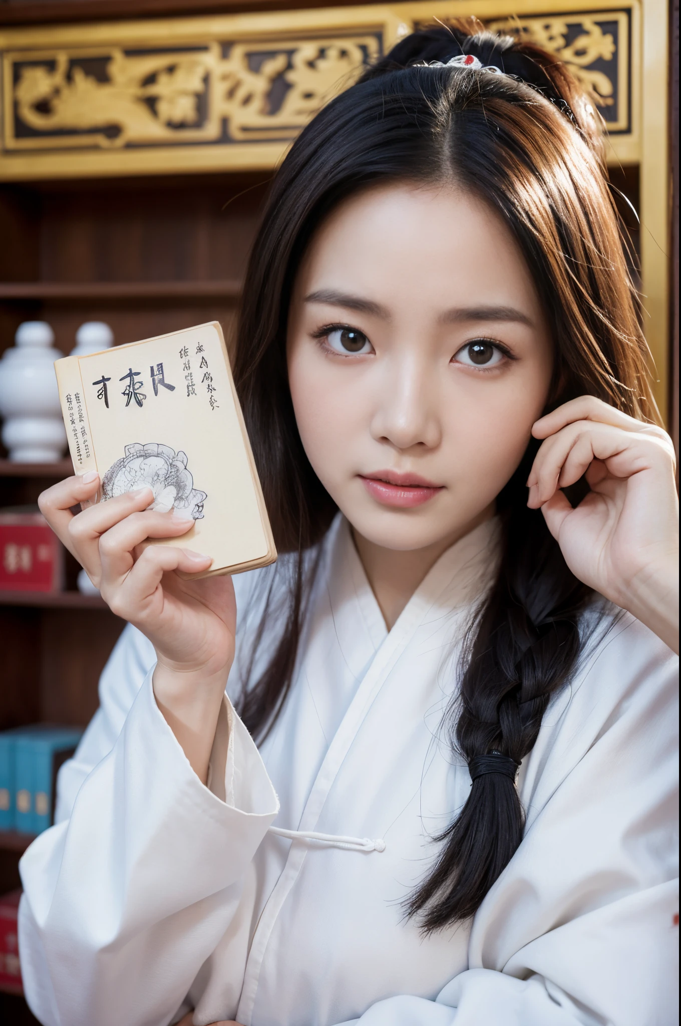 Chinese image,Real frontal photos,Authentic background,pharmacy,holding books,Manteau blanc,Face full of wrinkles,TCM image,Wise eyes,female people