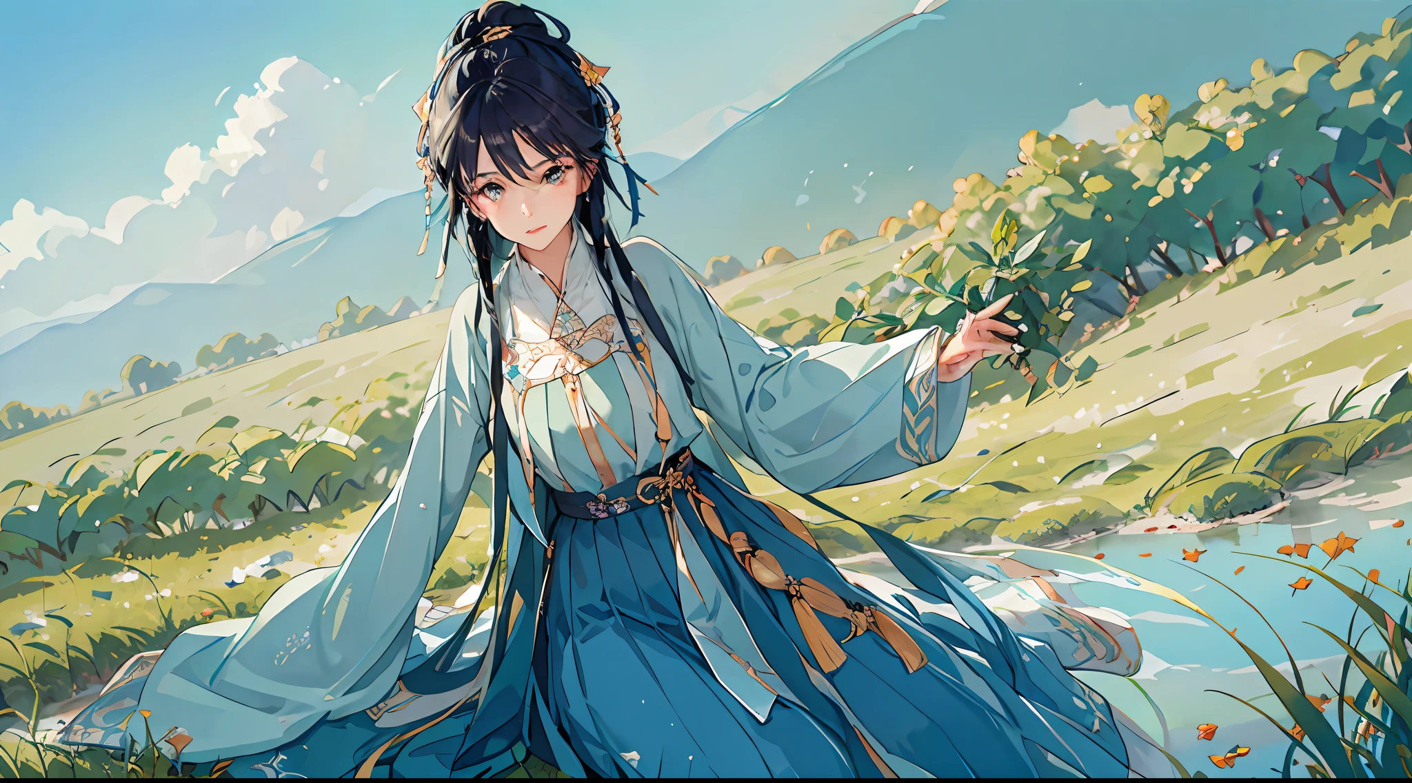 fotografia de paisagem expansiva, (a view from below that shows the sky above and the open field below), A warrior woman standing in a lake looking up holding her sword to the heavens in search of a blessing, nuvens, birds, montanha distante, brazi, Production art, (fonte de luz quente: 1.2), animais selvagens, folhas ao vento, muito verde e azul, detalhes complexos, volumeric lighting, Realismo, obra-prima, melhor qualidade, 4k, ultra-detalhado, dynamic compositing, altamente detalhado, detalhes coloridos, (cores iridescentes: 1.2), (bright illumination, Atmospheric Illumination), sonhador, Magia, (sozinho: 1.2)