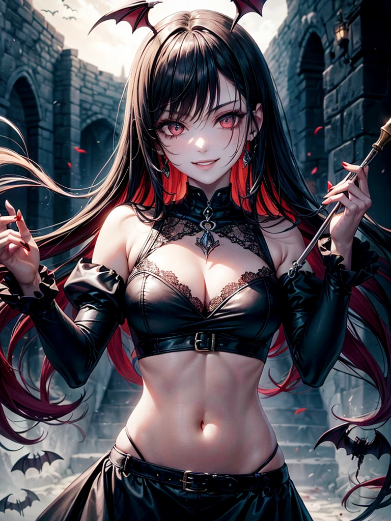 (fechar potrait), fantasia sombria, Gothic style, rainha vampira, wearing a Gothic-style dress, with a bloodthirsty smile and blood on his face, corpo, Lua de sangue no fundo, ((midriff exposto)), umbigo, stomach, Scene is set in a Gothic castle with lots of bats, emphasizing pale skin and glowing eyes, (((de baixo)))