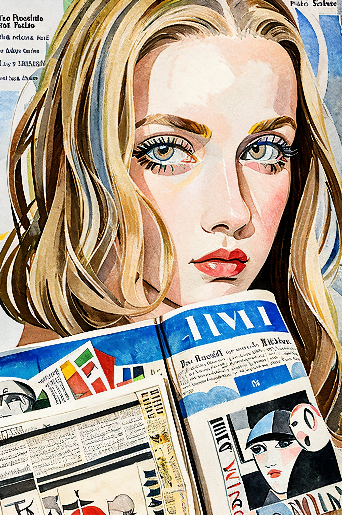 Sketched, watercolor paiting, Collage of Picasso and Robert Delaunay, cubism, Abstract, Cute daughter, big clear blue eyes, Little red cheeks, Blonde long-haired, Face-centric, Against the backdrop of newspapers and fashion magazines, Intricate Brushwork, high-level image quality, A breathtaking masterpiece