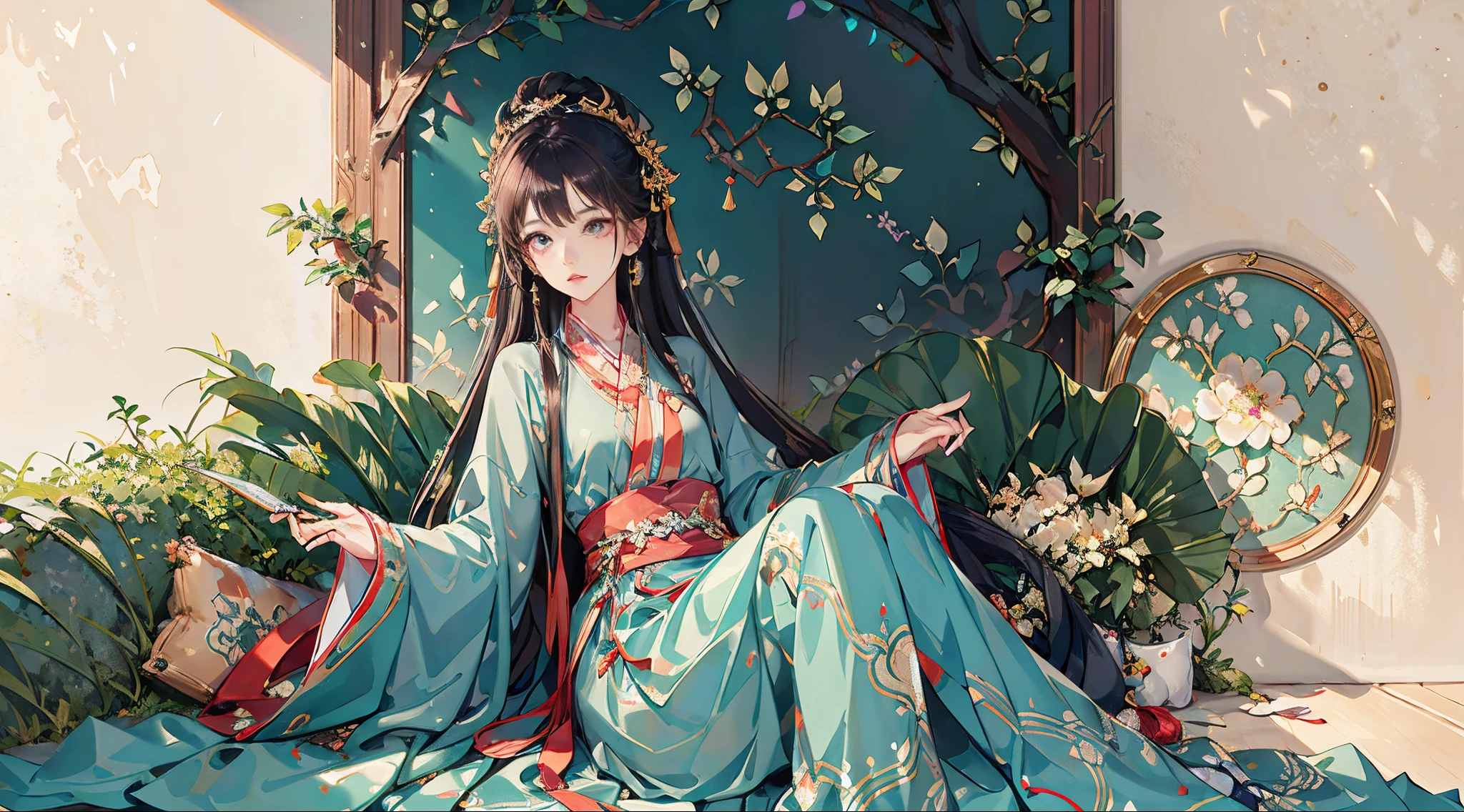 melhor qualidade de imagem, Detalhe extremo, high resolution. Uma menina com olhos vermelhos: , Hanfu vermelho, a peacock next to her, estilo antigo, quarto