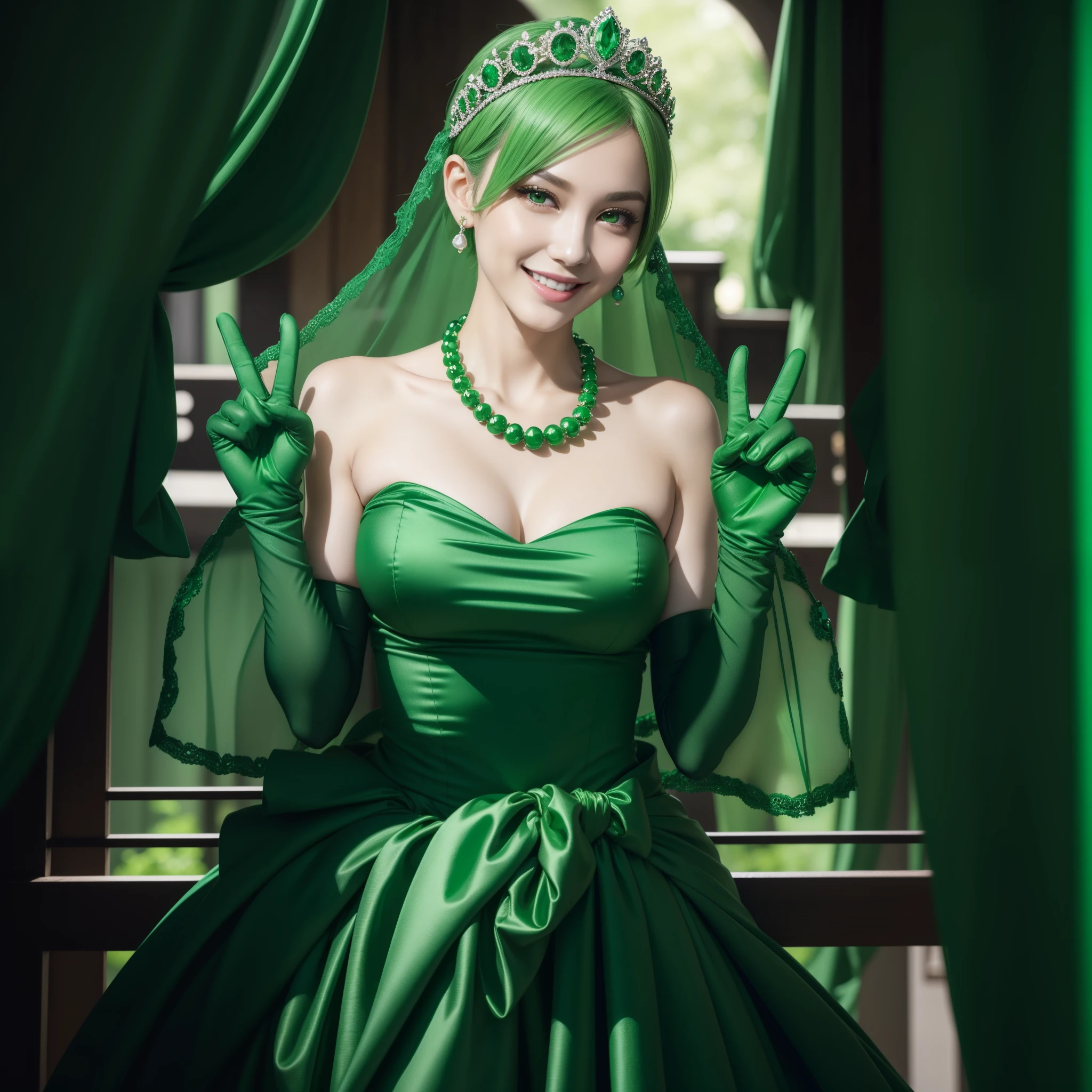 emerald tiara, Green Pearl Necklace, Boyish very short green hair, lipsticks, Japan woman smiling, very short short hair, big breasts beautiful, Green eyes, Long green gloves made of satin material, Green eyes, v sign,V-sign with both hands, Emerald Earrings, Green hair