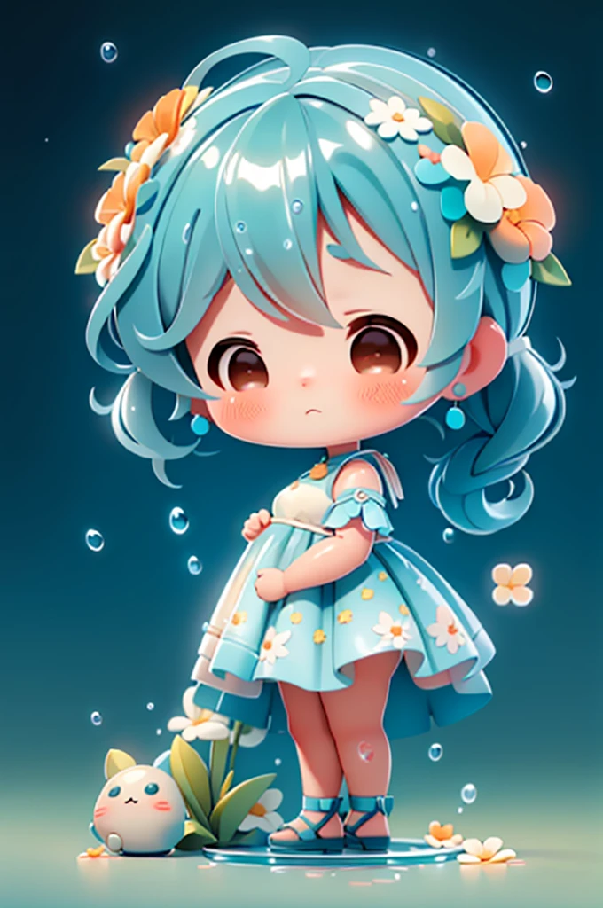 fotoRealista、Doll standing in front of painting（Nendroid）、Water droplets on the cheeks、Cara de canto feliz、Sengai、Pixiv、RococoStyle、dollfie sonho、aquarela Nendoroid、(High Definition Figure)、Seda iridescente fluindo、para cima do rosto、De olho、bikini swimsuit（with floral pattern）、There are also flowers in front of the Nendroids、flower petals、water dripping、Shot through a glass full of water droplets.、season!!: 夏天☀ 🍂